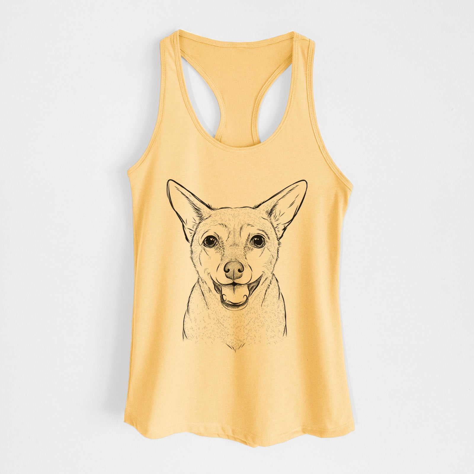 Hand-drawn sketch of Georgie the Chiweenie on a Banana Cream Women's racerback tanktop