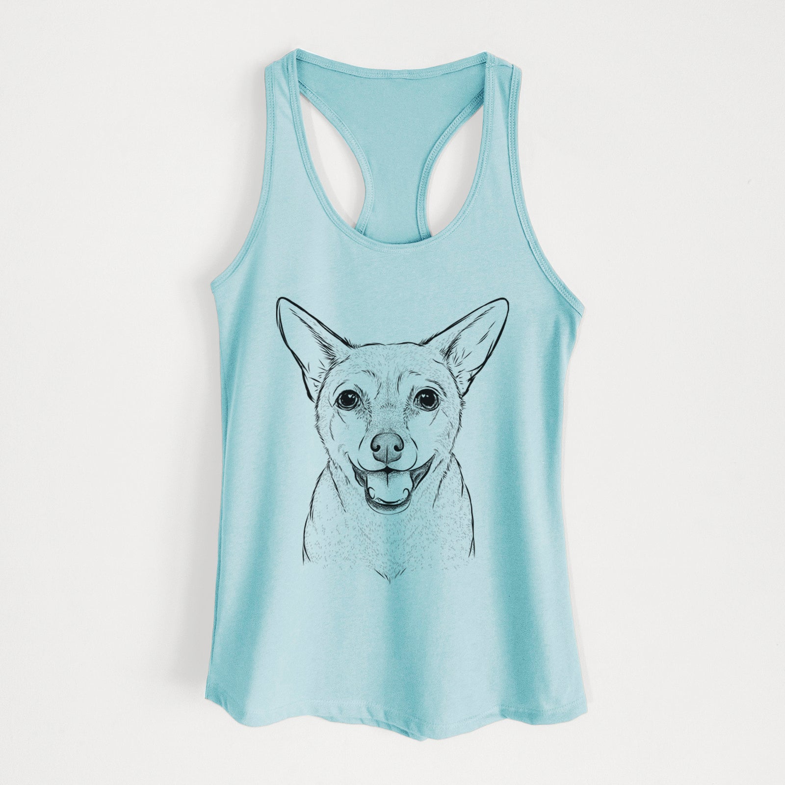 Hand-drawn sketch of Georgie the Chiweenie on a Cancun Blue Women's racerback tanktop