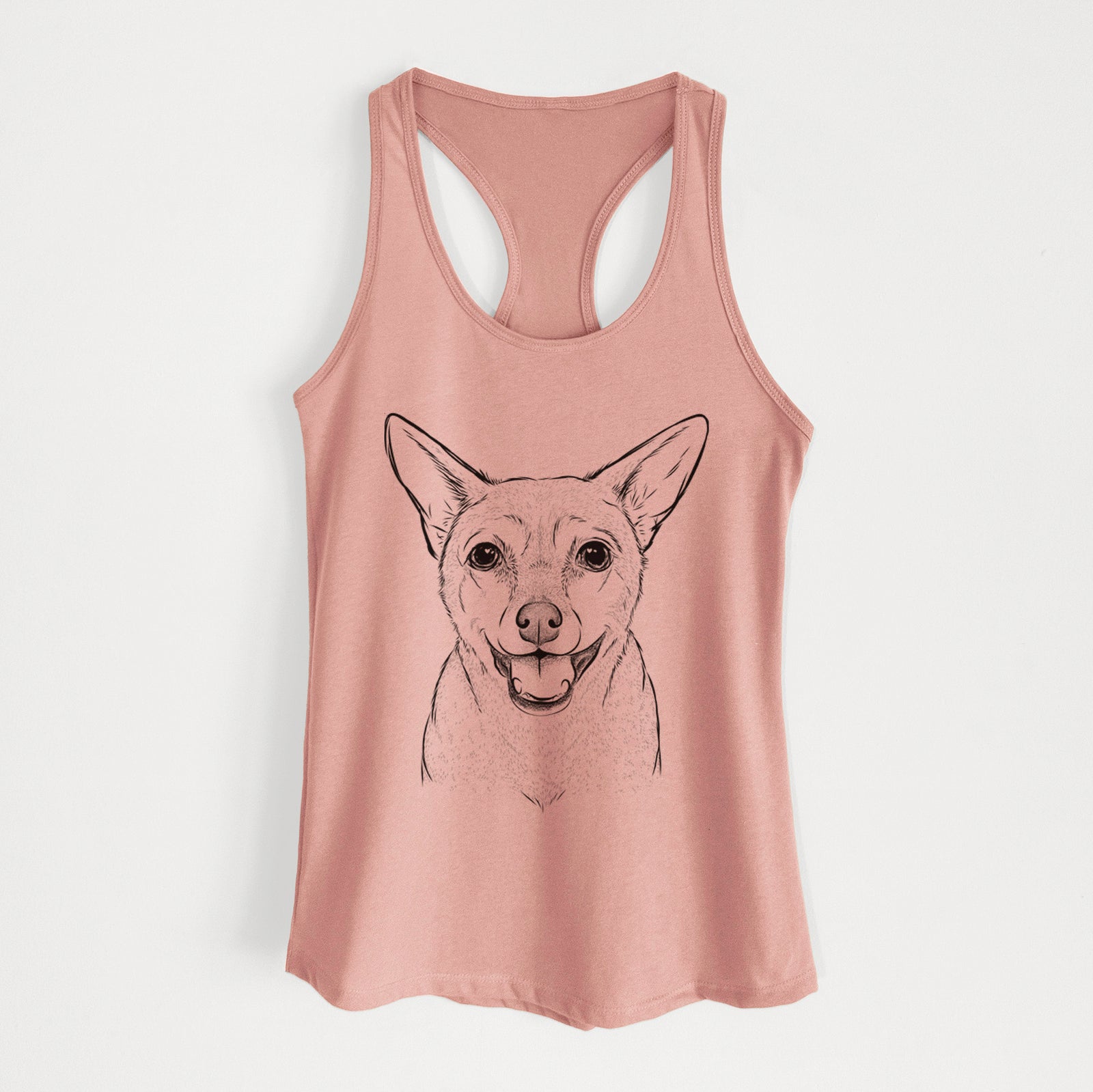 Hand-drawn sketch of Georgie the Chiweenie on a Desert Pink Women's racerback tanktop