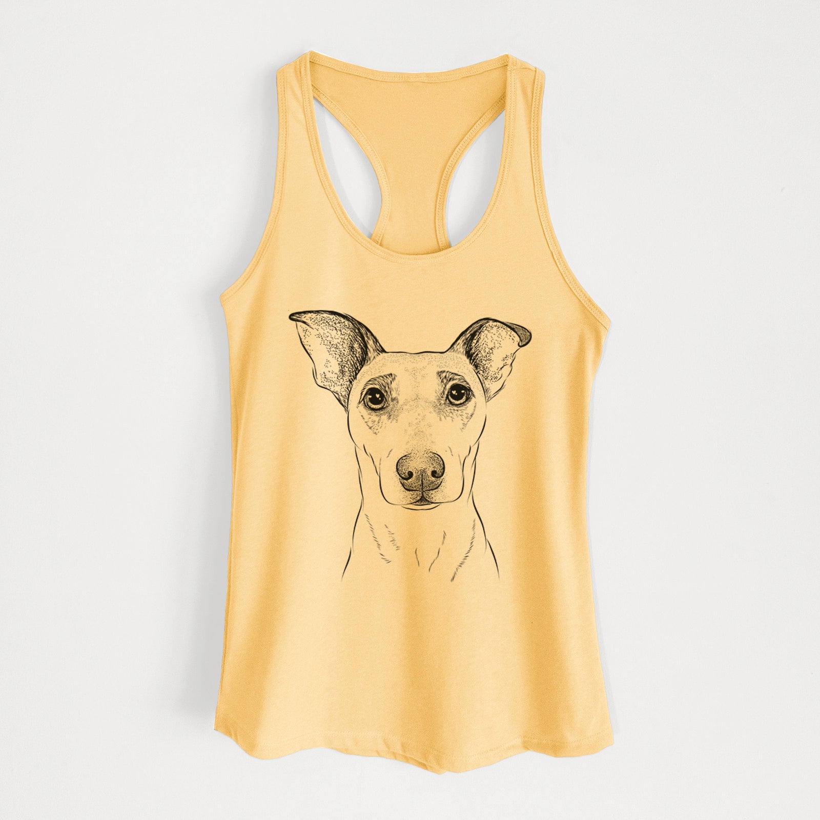 Hand-drawn sketch of Georgie Rat the Terrier Mix on a Banana Cream Women's racerback tanktop