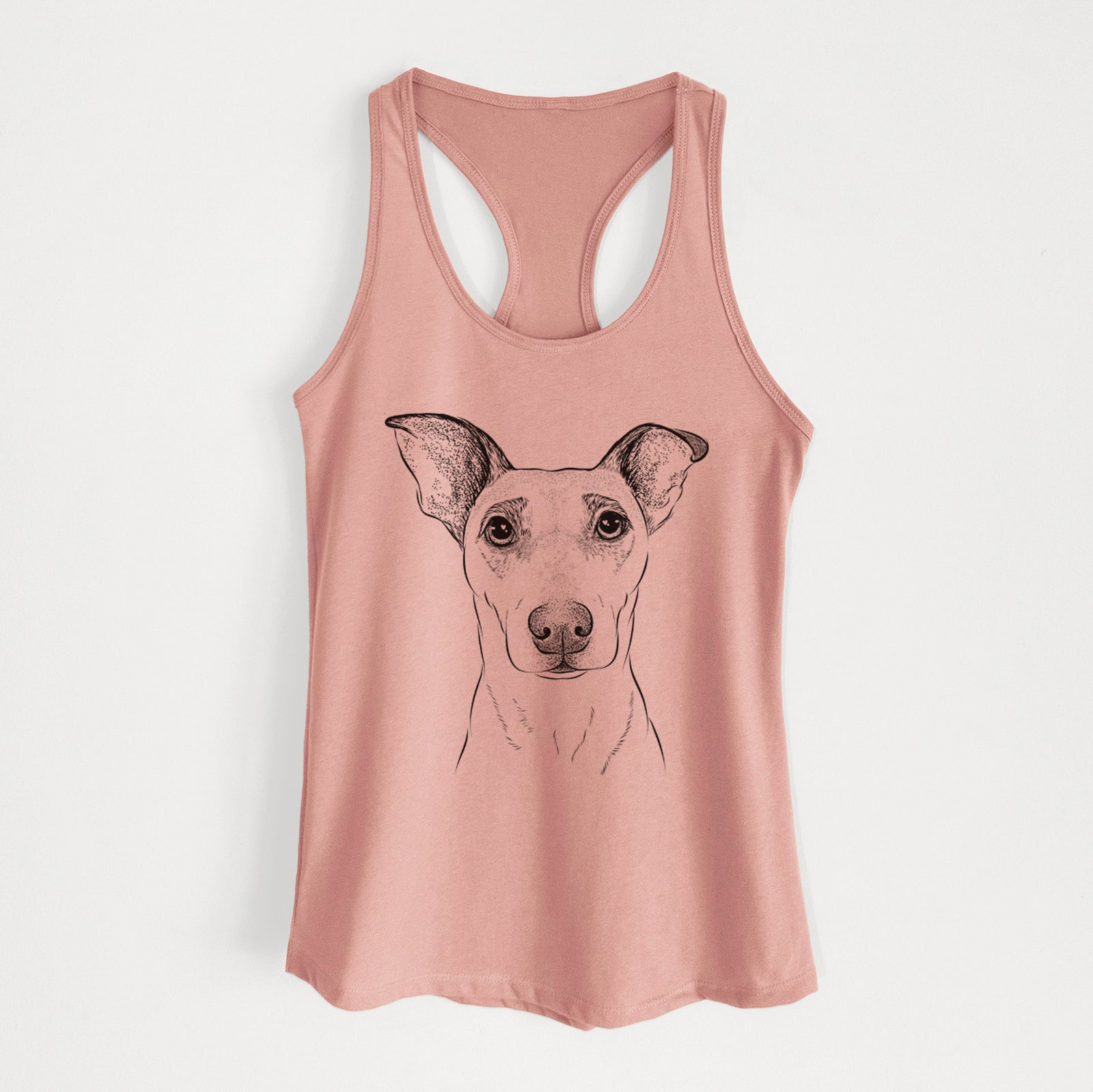 Hand-drawn sketch of Georgie Rat the Terrier Mix on a Desert Pink Women's racerback tanktop