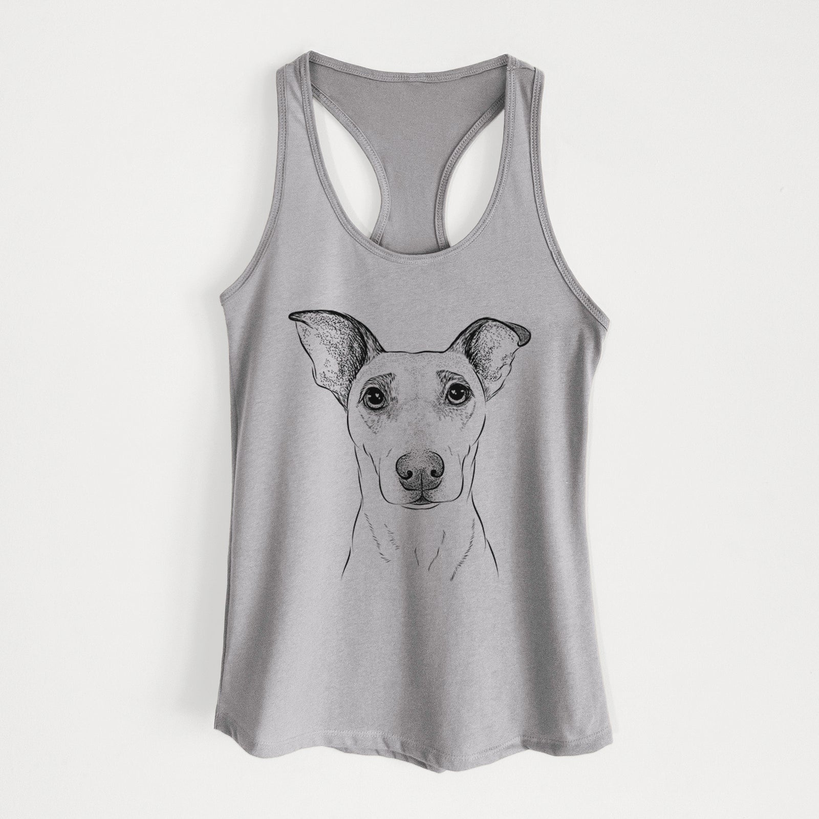 Hand-drawn sketch of Georgie Rat the Terrier Mix on a Heather Grey Women's racerback tanktop