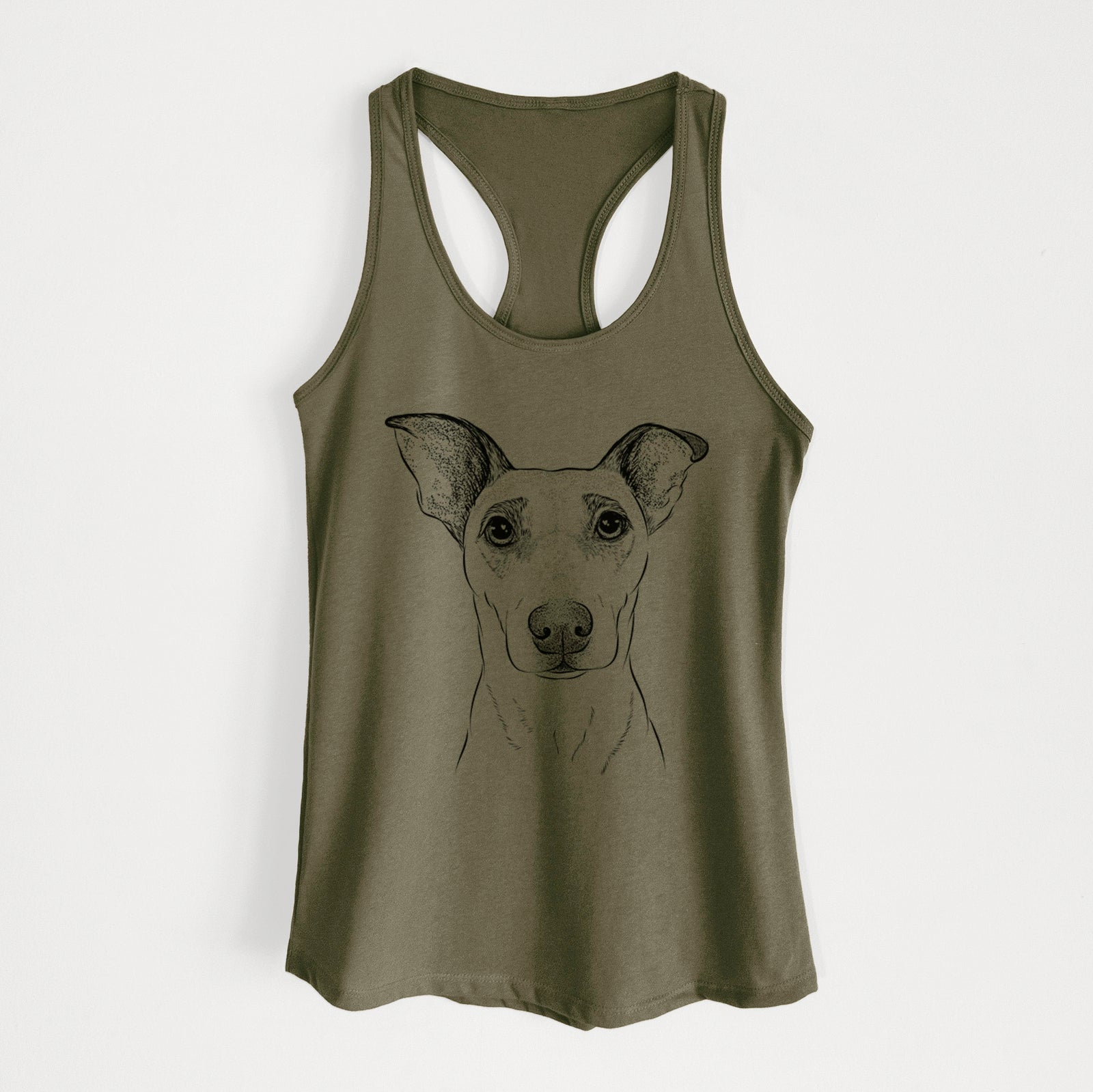 Hand-drawn sketch of Georgie Rat the Terrier Mix on a Military Green Women's racerback tanktop