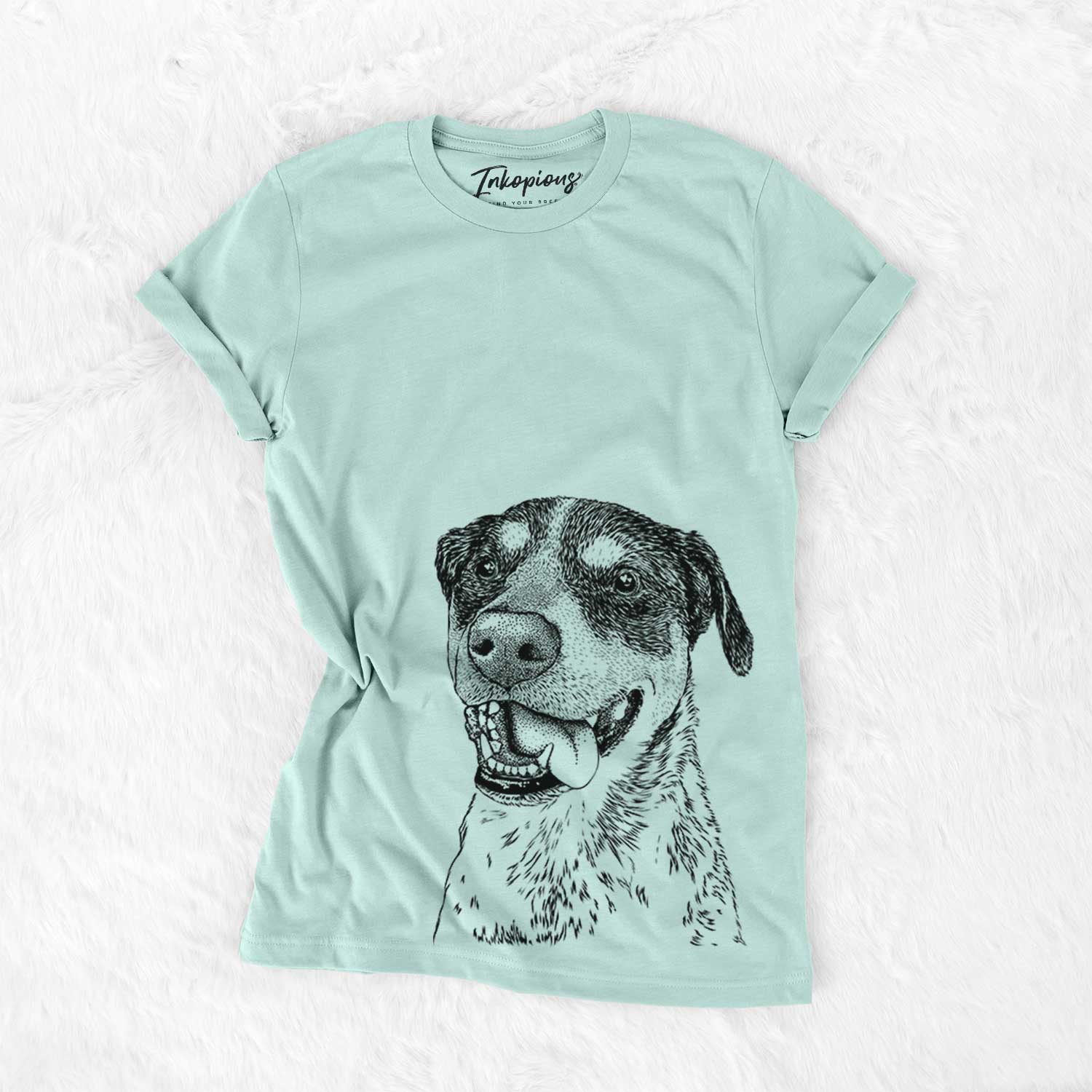 Hand-drawn sketch of Gerti the Mixed Breed on a Heather Sage Bella Canvas Unisex Crewneck