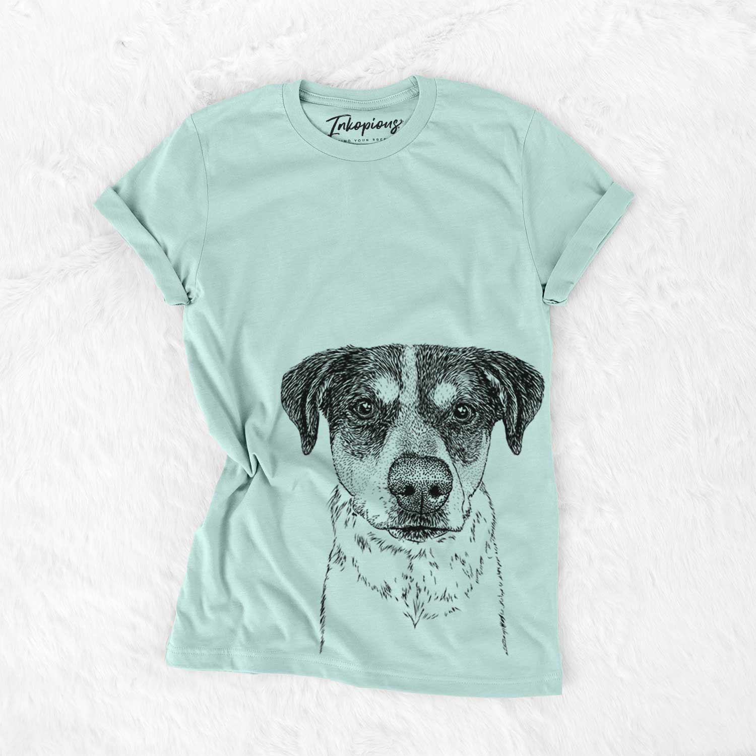 Hand-drawn sketch of Gertrude the Mixed Breed on a Heather Sage Bella Canvas Unisex Crewneck