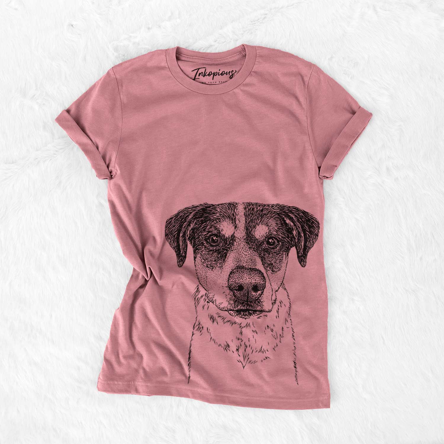 Hand-drawn sketch of Gertrude the Mixed Breed on a Mauve Bella Canvas Unisex Crewneck