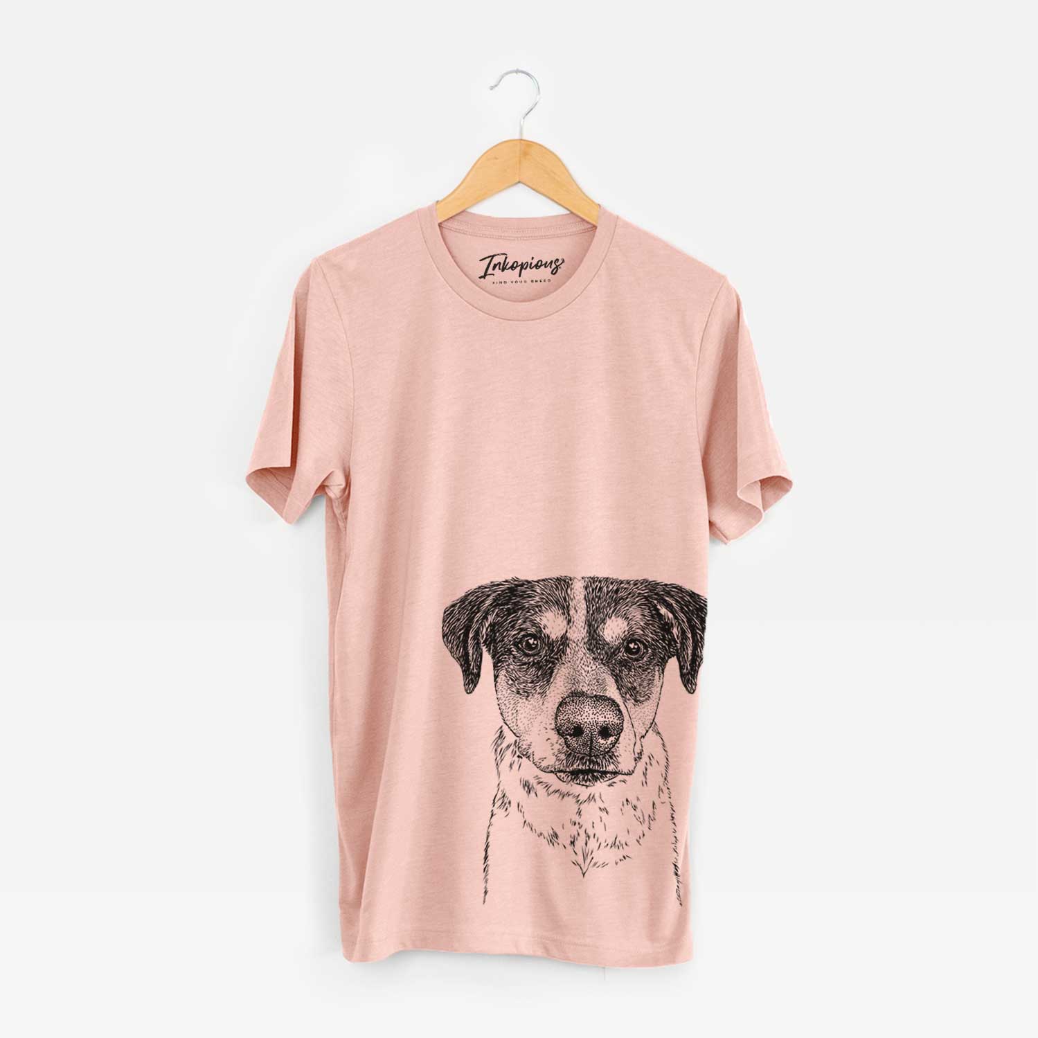 Hand-drawn sketch of Gertrude the Mixed Breed on a Peach Bella Canvas Unisex Crewneck