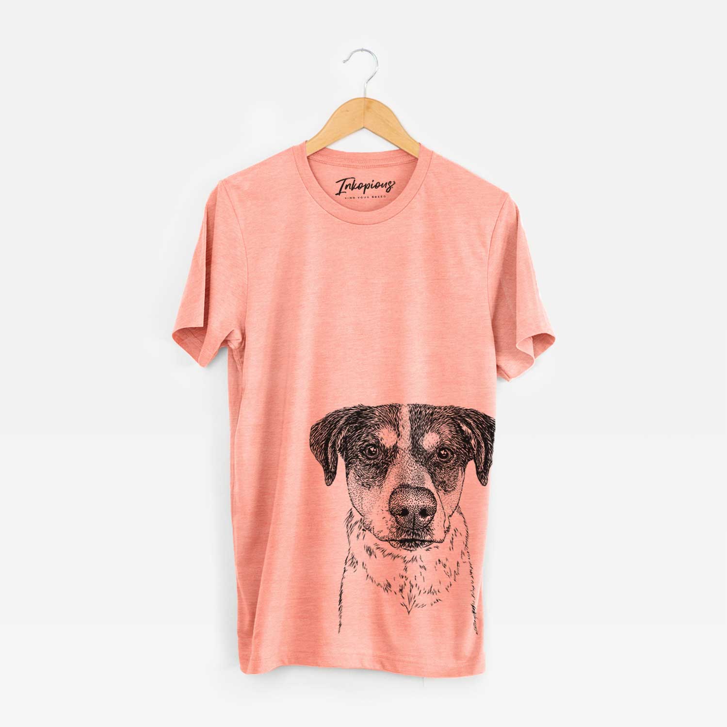 Hand-drawn sketch of Gertrude the Mixed Breed on a Sunset Bella Canvas Unisex Crewneck