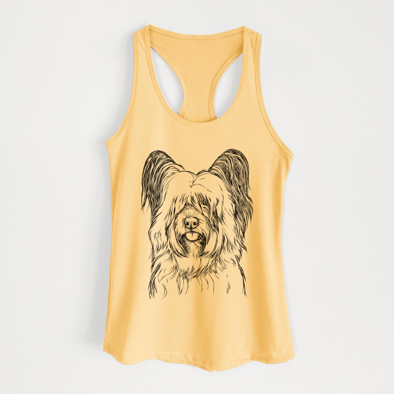Hand-drawn sketch of Gideon the Skye Terrier on a Banana Cream Women's racerback tanktop