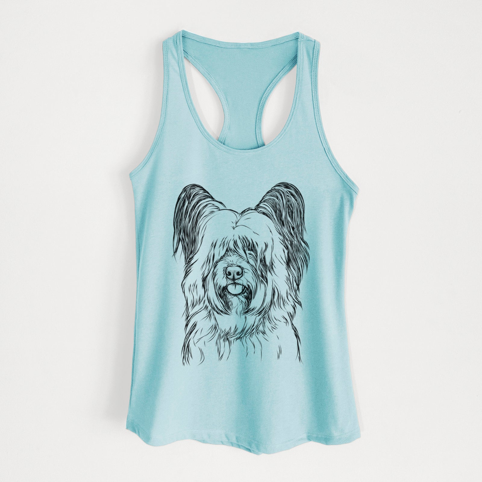 Hand-drawn sketch of Gideon the Skye Terrier on a Cancun Blue Women's racerback tanktop