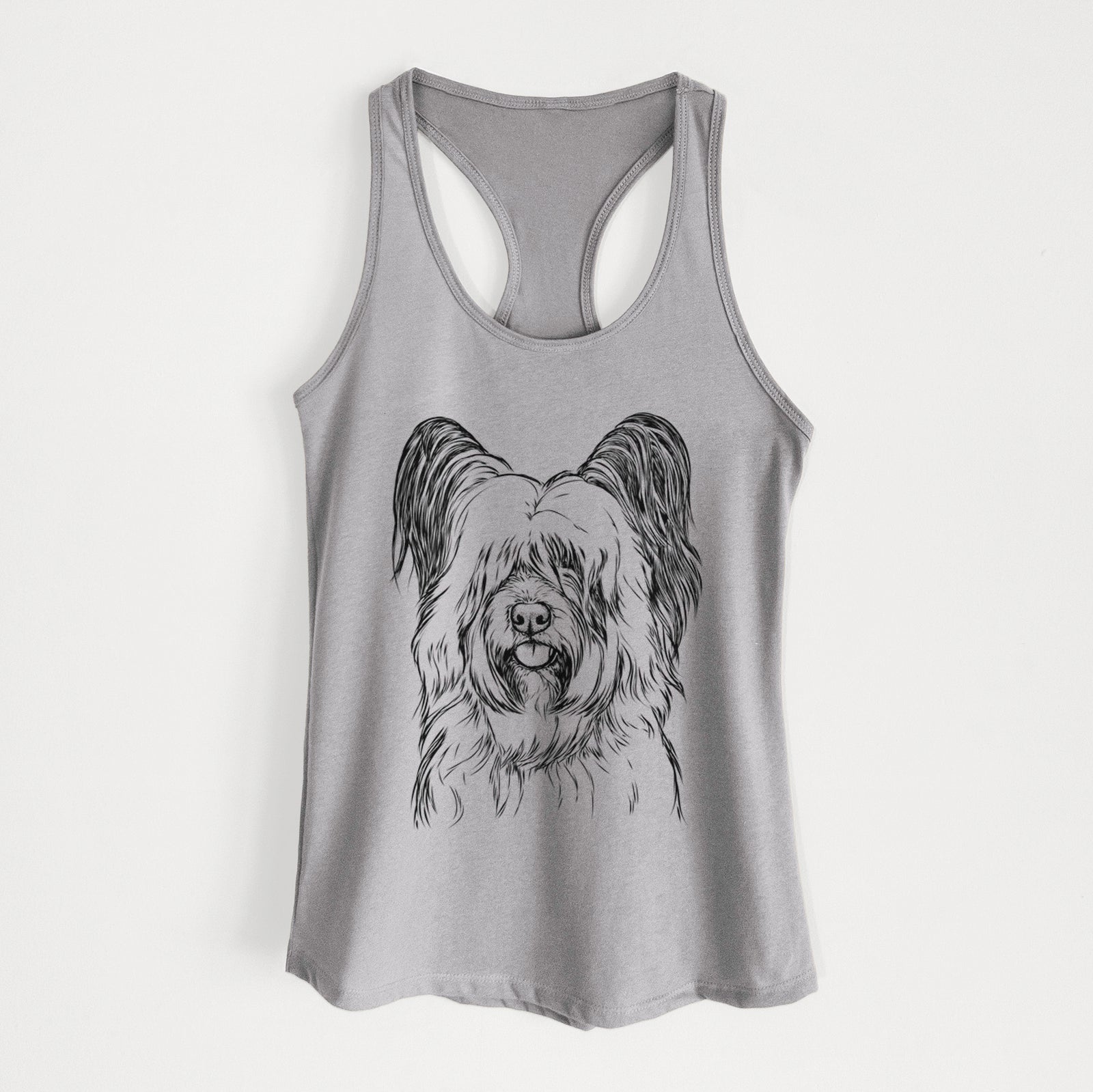 Hand-drawn sketch of Gideon the Skye Terrier on a Heather Grey Women's racerback tanktop
