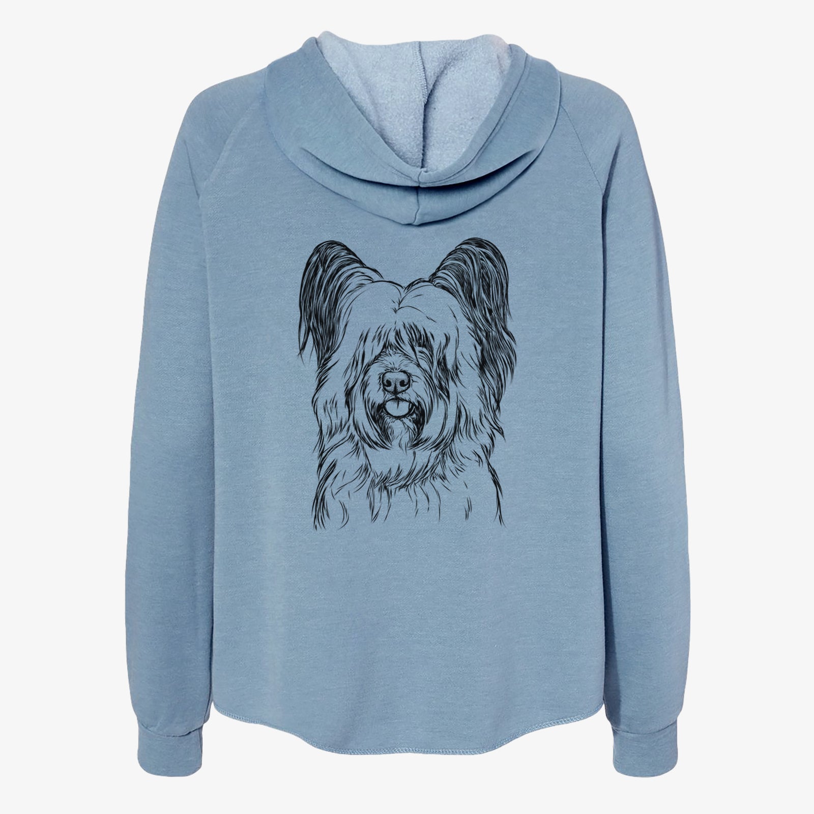 Hand-drawn sketch of Gideon the Skye Terrier on a Misty Blue Women's cali wave zip-up sweatshirt