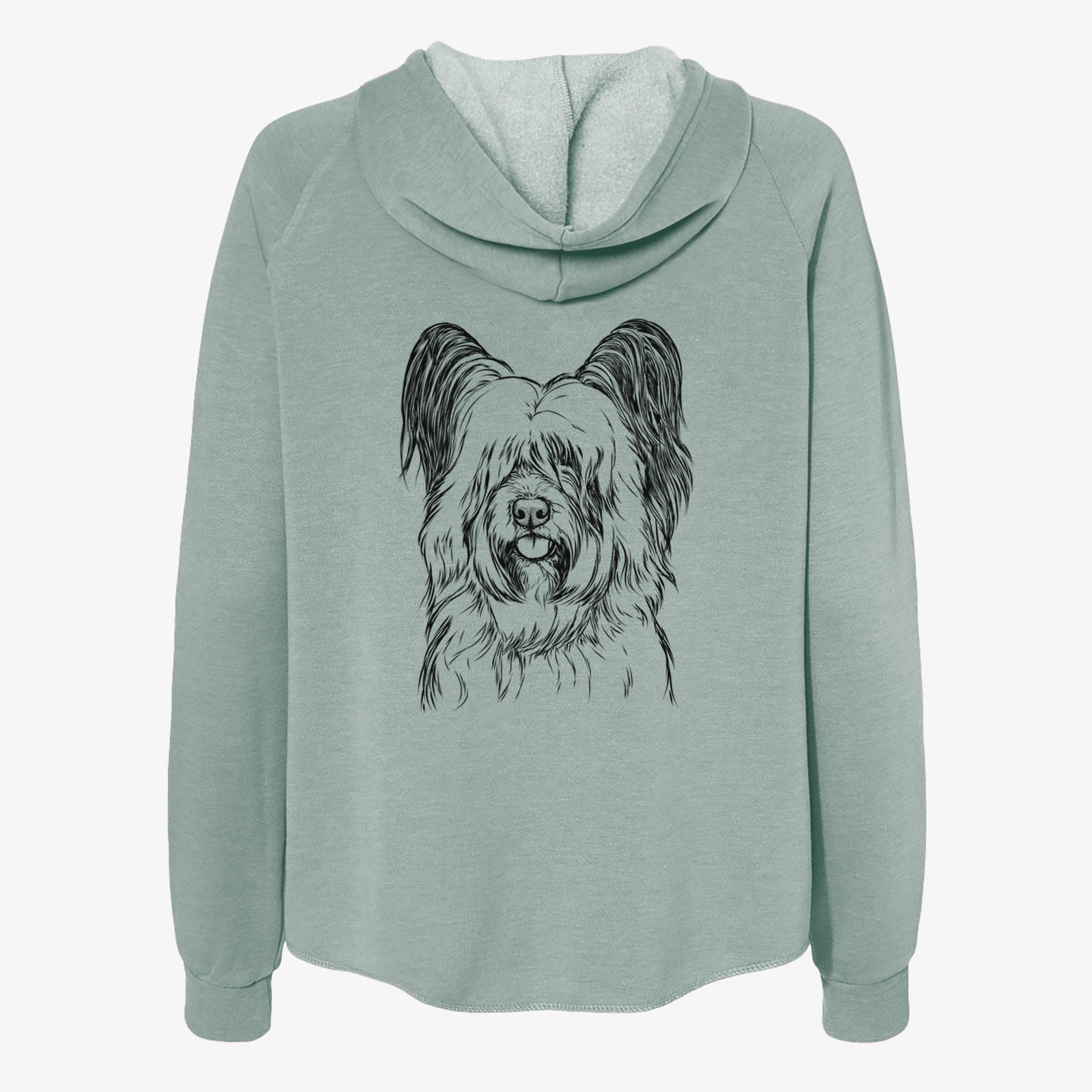 Hand-drawn sketch of Gideon the Skye Terrier on a Sage Women's cali wave zip-up sweatshirt