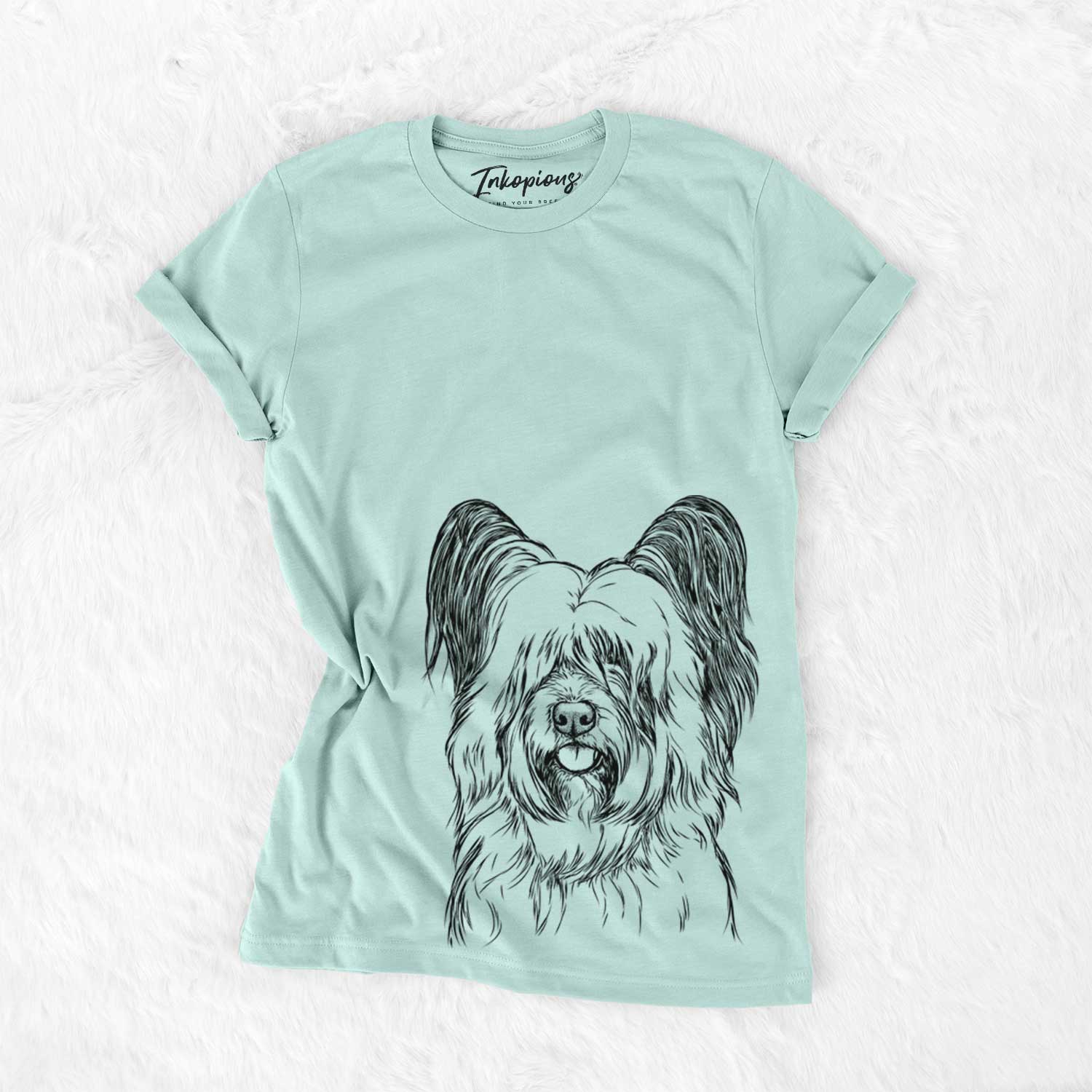 Hand-drawn sketch of Gideon the Skye Terrier on a Heather Sage Bella Canvas Unisex Crewneck