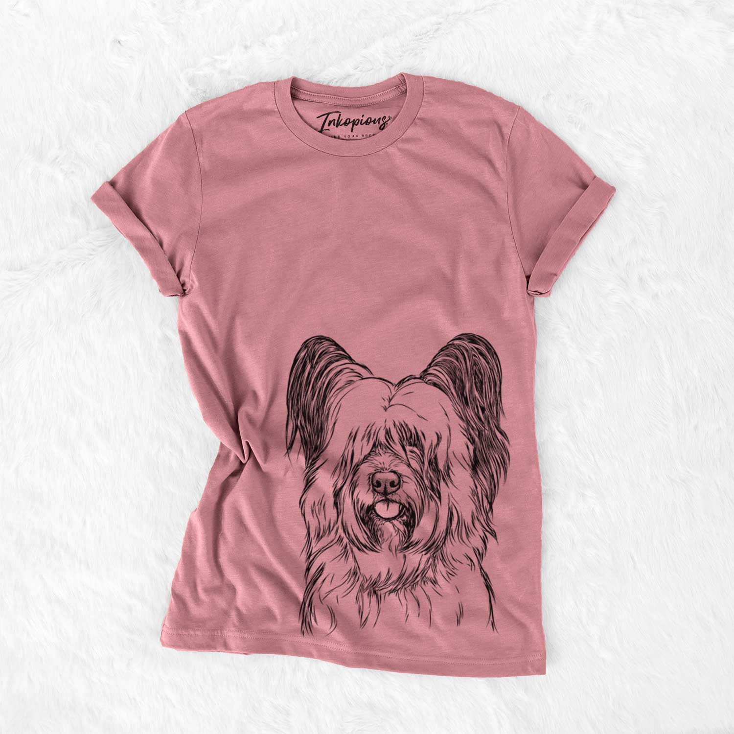 Hand-drawn sketch of Gideon the Skye Terrier on a Mauve Bella Canvas Unisex Crewneck