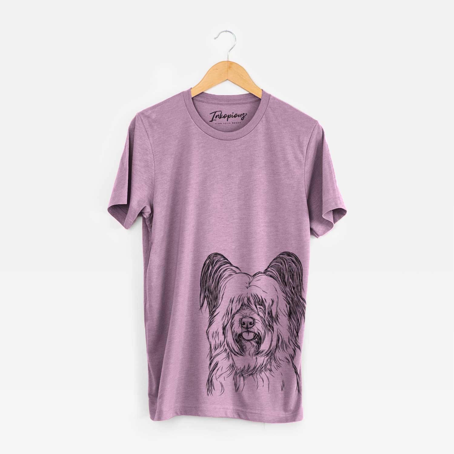 Hand-drawn sketch of Gideon the Skye Terrier on an Orchid Bella Canvas Unisex Crewneck