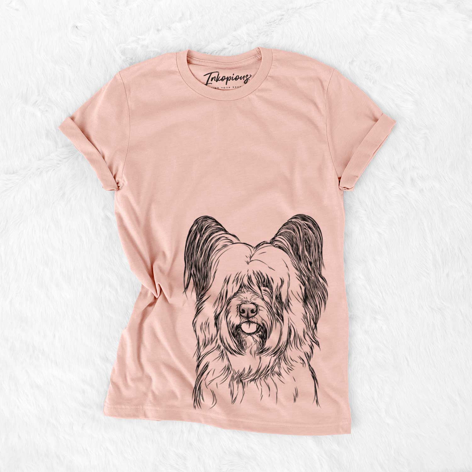 Hand-drawn sketch of Gideon the Skye Terrier on a Peach Bella Canvas Unisex Crewneck