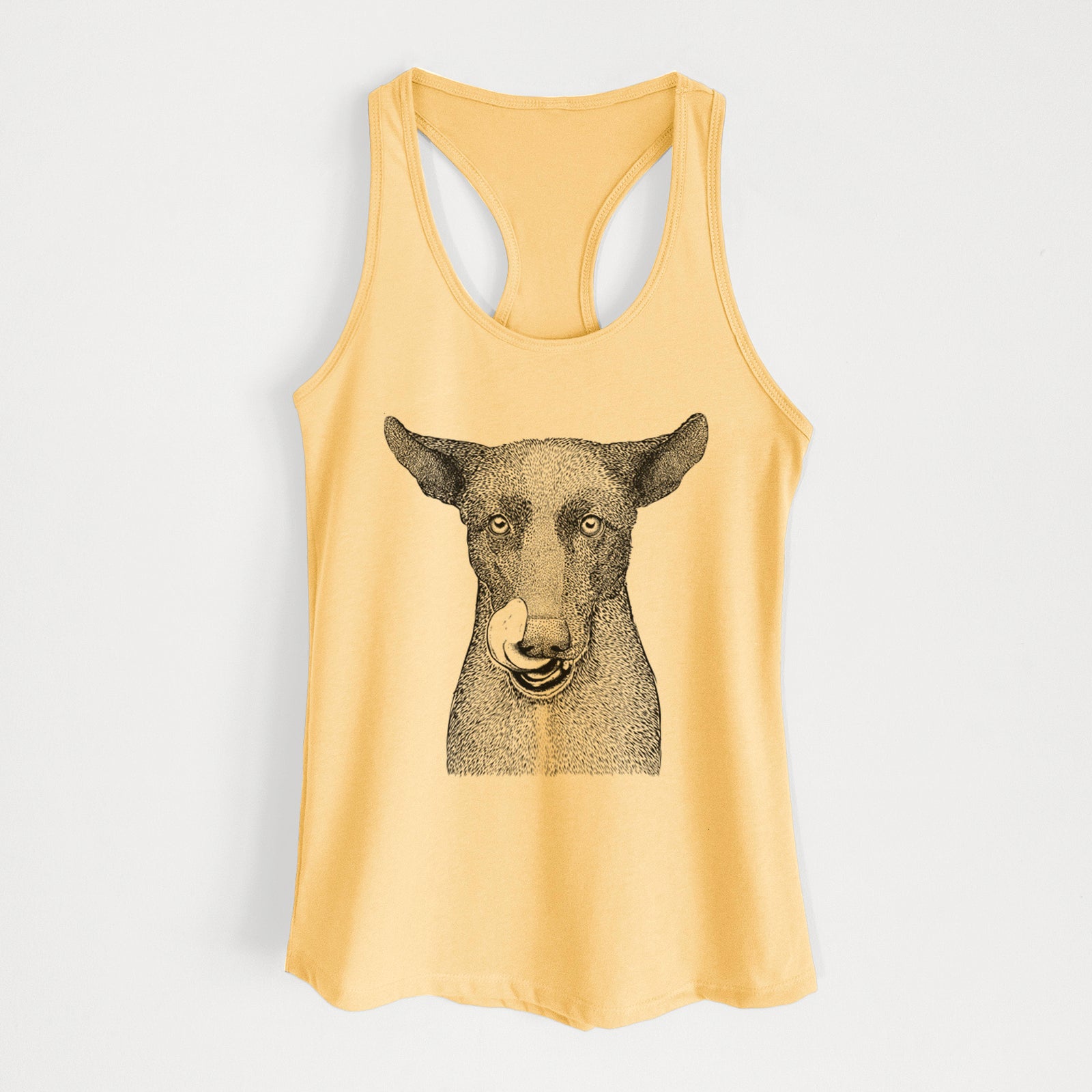Hand-drawn sketch of Gidget the Mexican Street Dog on a Banana Cream Women's racerback tanktop