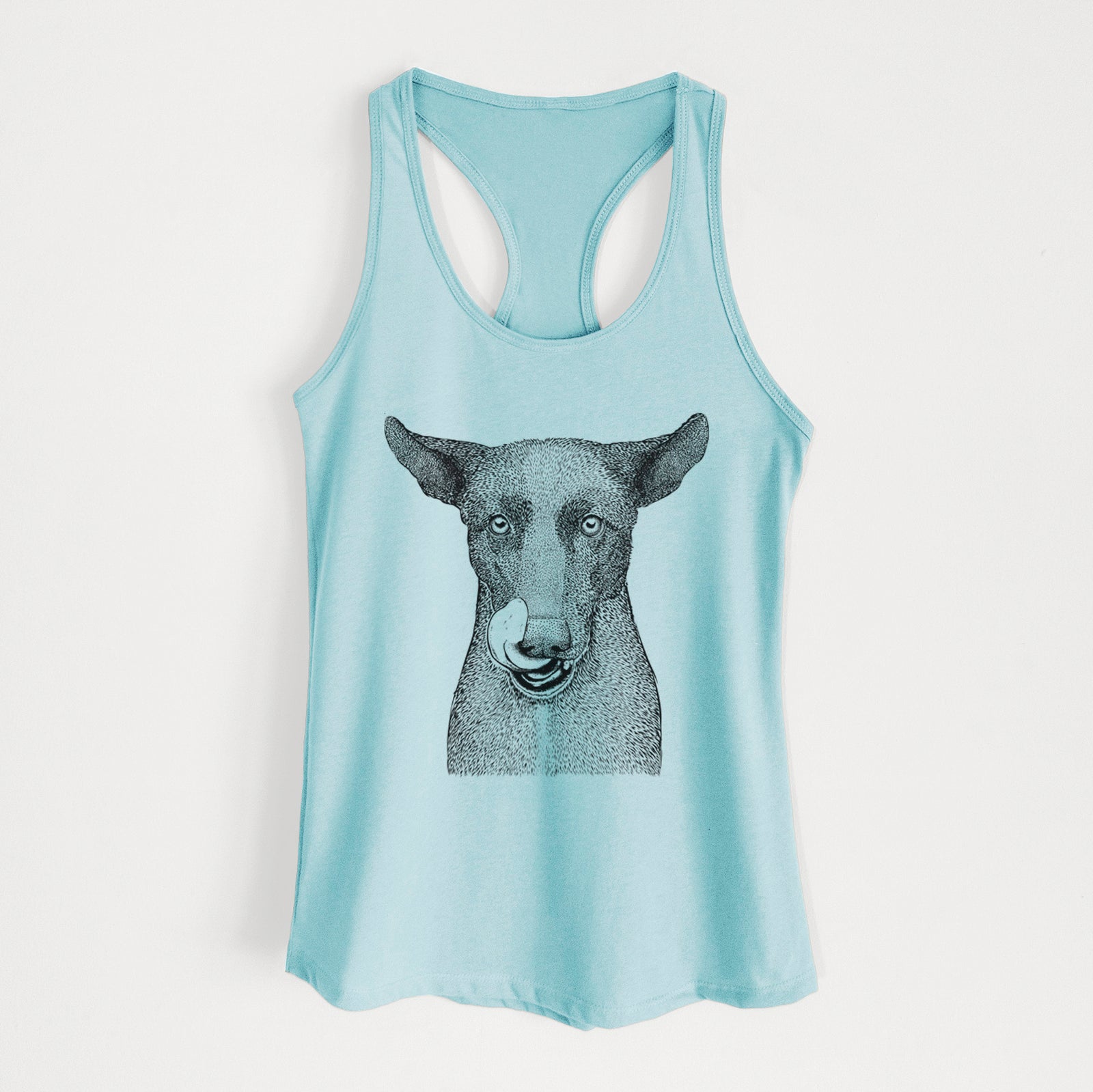 Hand-drawn sketch of Gidget the Mexican Street Dog on a Cancun Blue Women's racerback tanktop