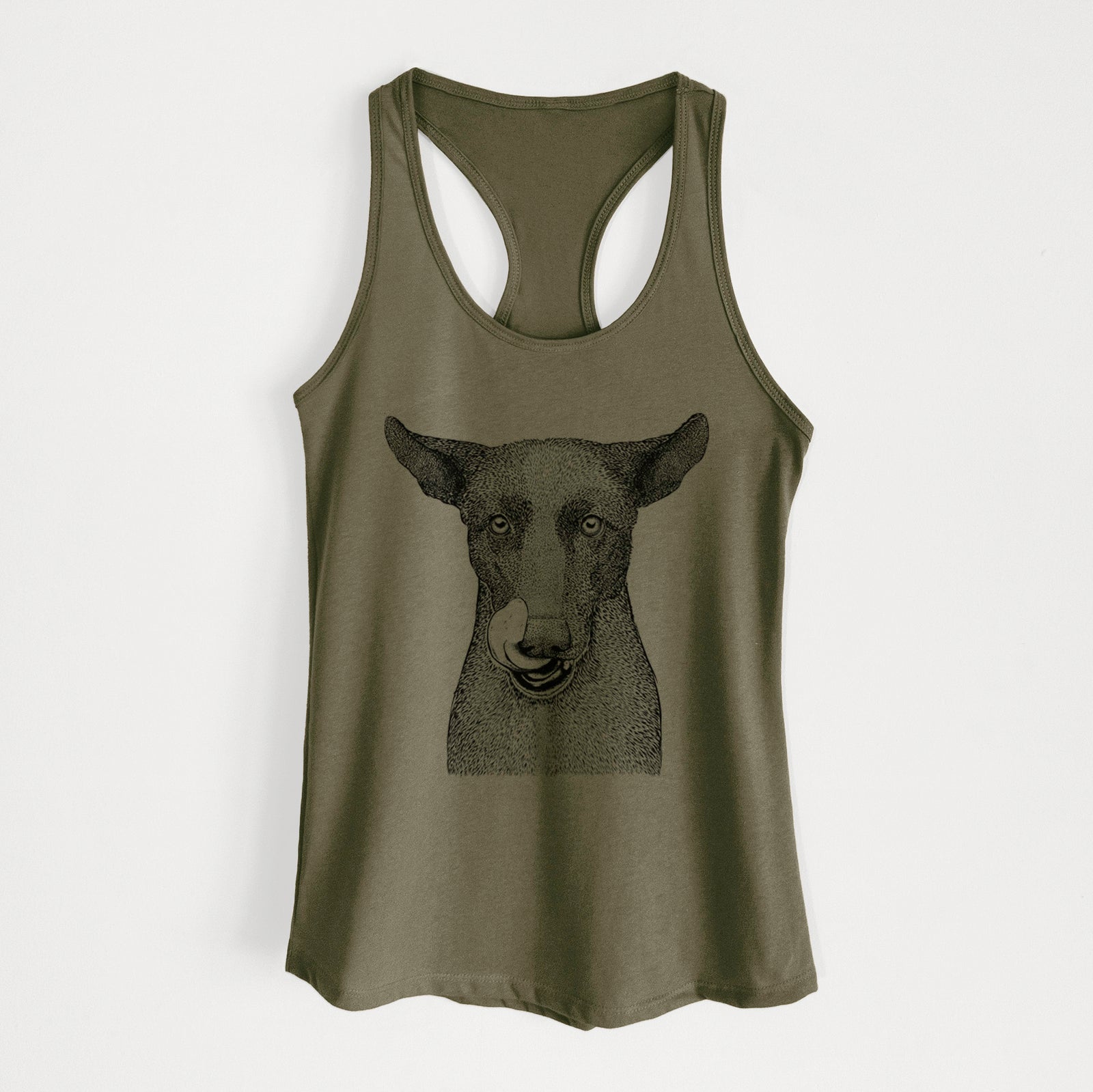 Hand-drawn sketch of Gidget the Mexican Street Dog on a Military Green Women's racerback tanktop