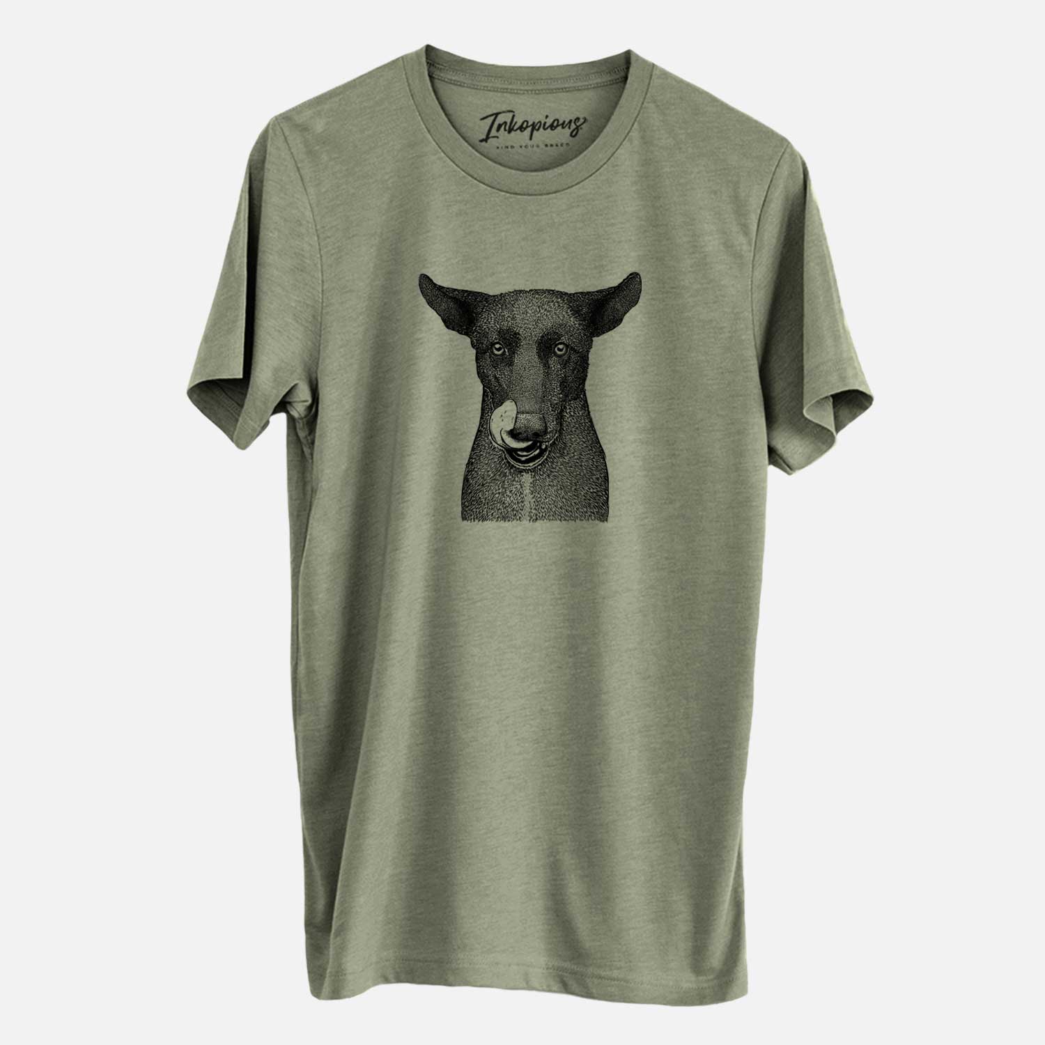 Hand-drawn sketch of Gidget the Mexican Street Dog on an Olive Unisex crewneck