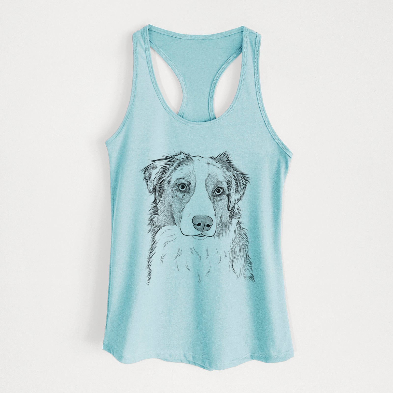 Hand-drawn sketch of Ginger the Australian Shepherd on a Cancun Blue Women's racerback tanktop