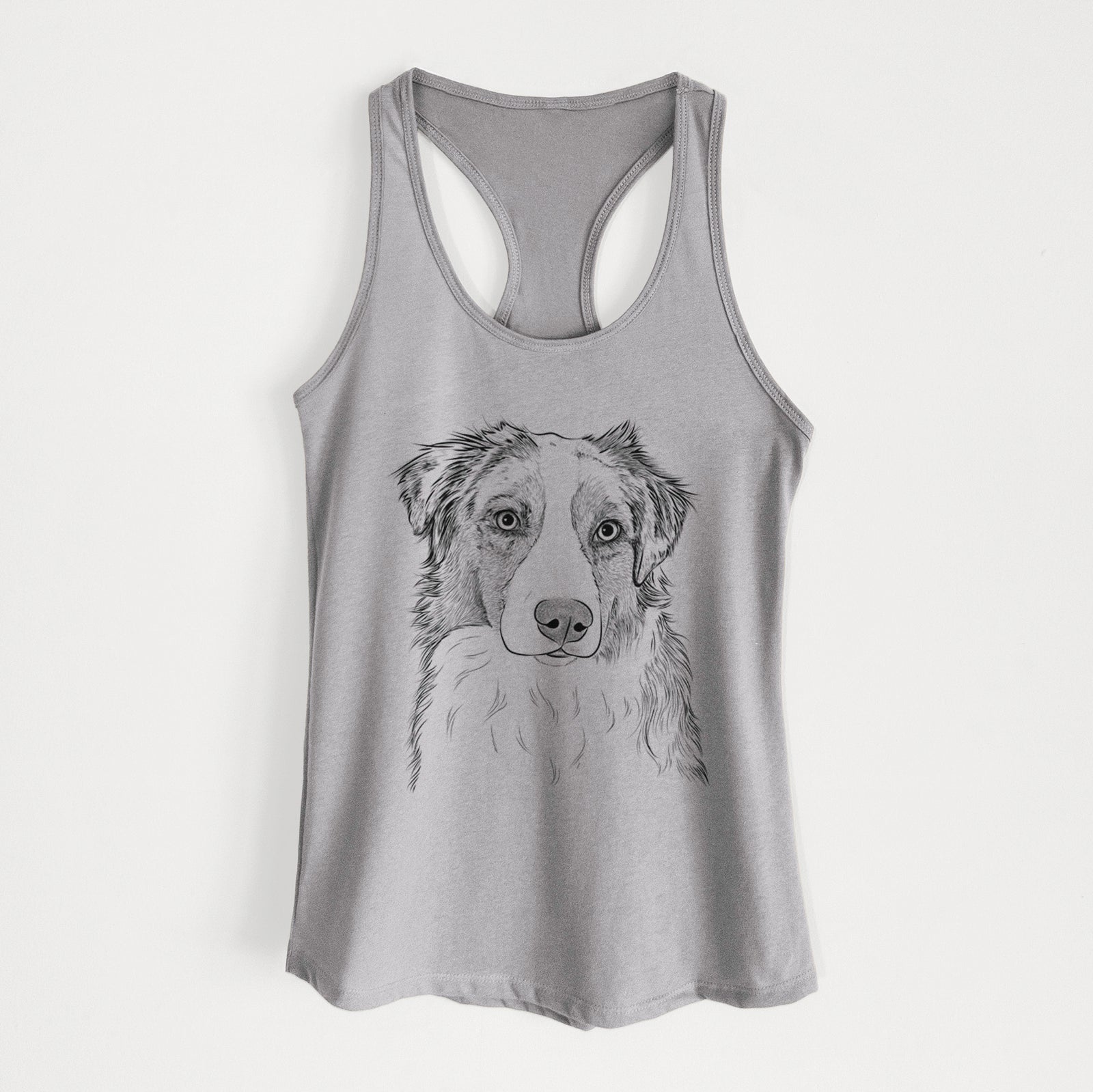 Hand-drawn sketch of Ginger the Australian Shepherd on a Heather Grey Women's racerback tanktop