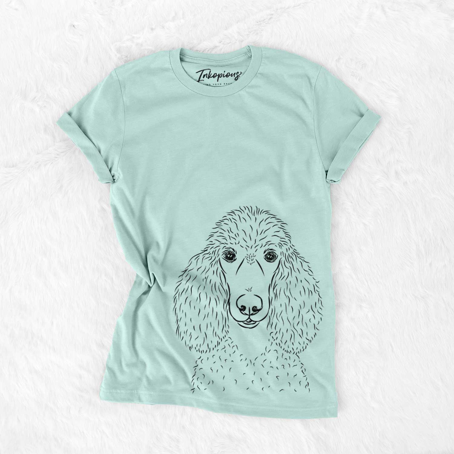 Hand-drawn sketch of Giovanni the Poodle on a Heather Sage Bella Canvas Unisex Crewneck