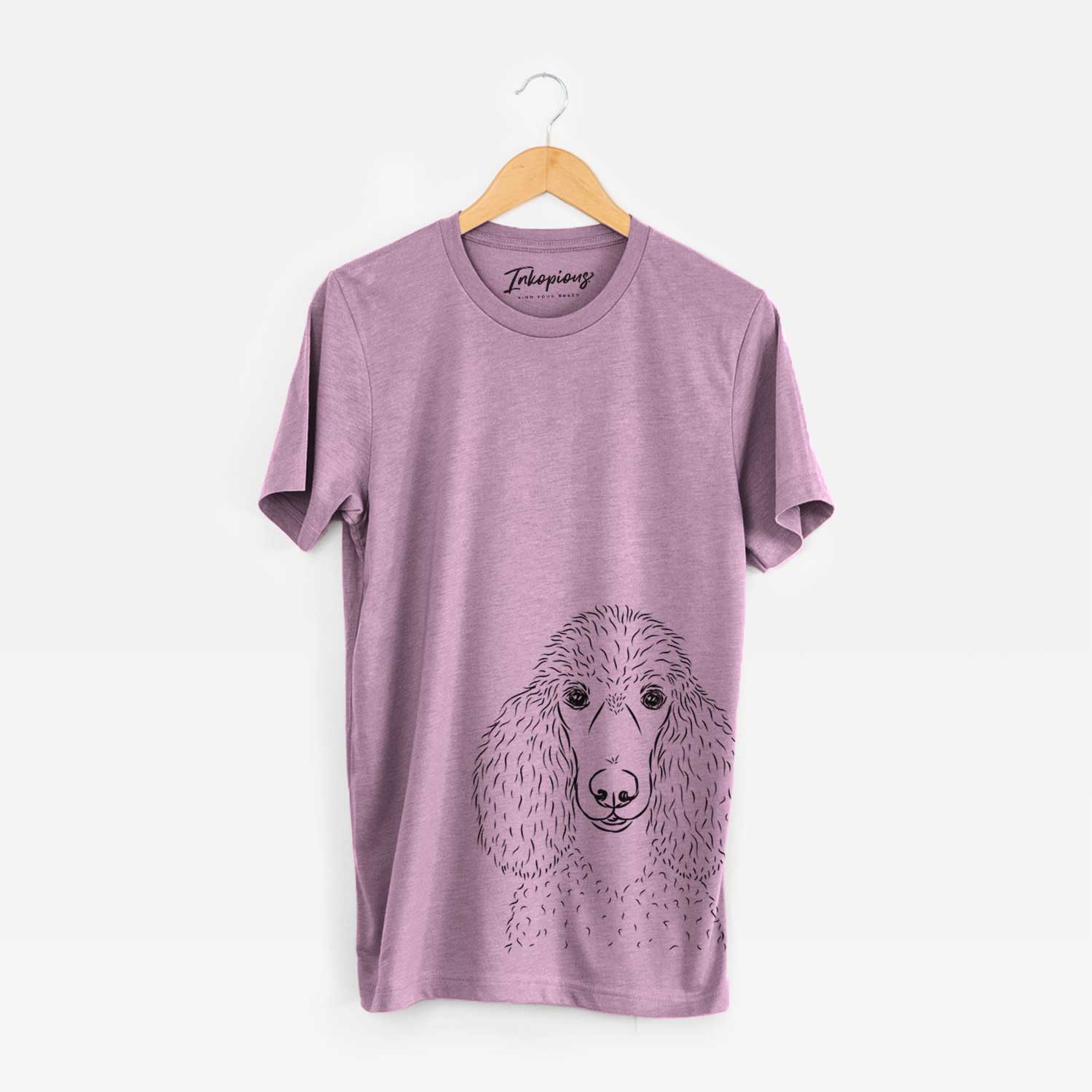 Hand-drawn sketch of Giovanni the Poodle on an Orchid Bella Canvas Unisex Crewneck