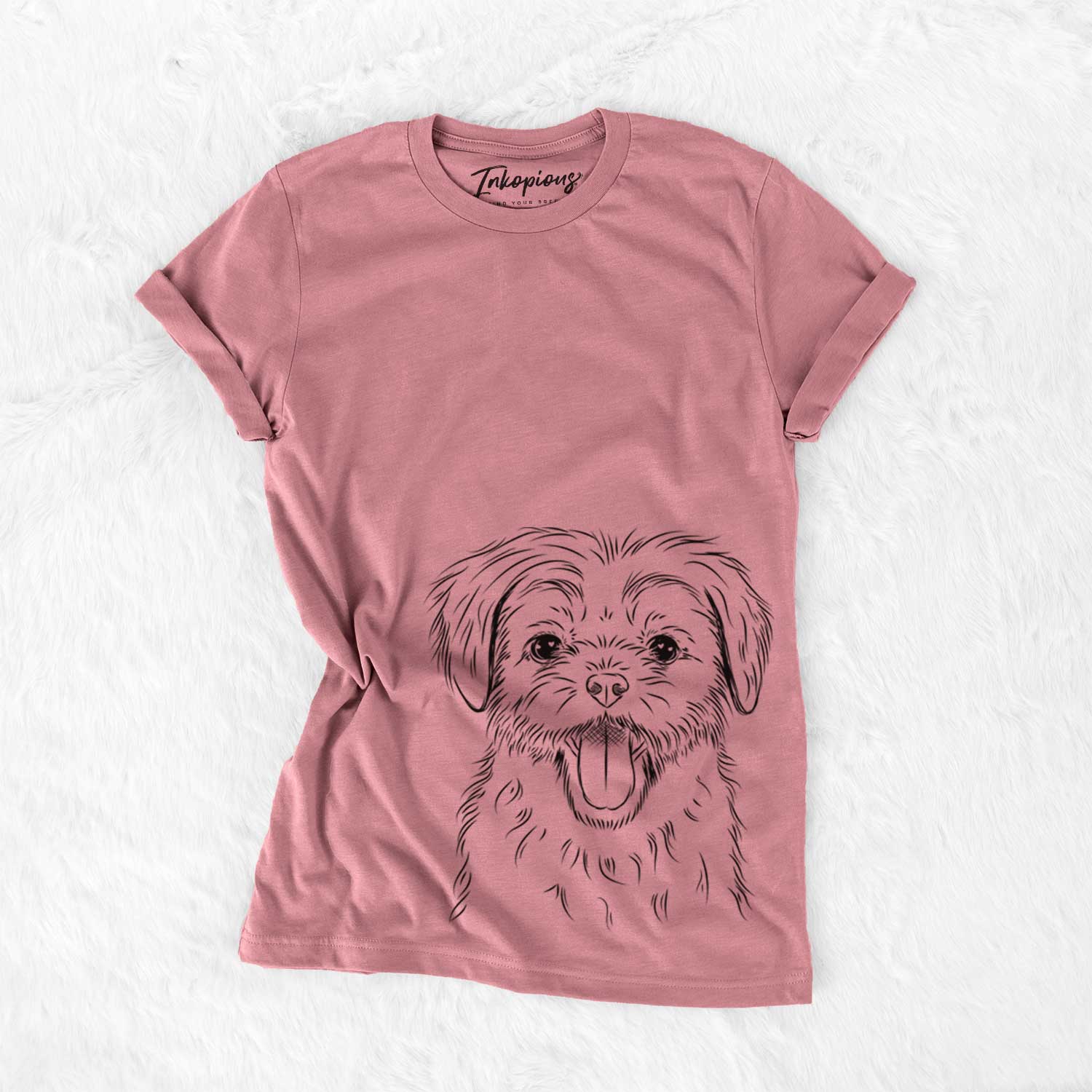 Hand-drawn sketch of Gizmo the Maltese on a Mauve Unisex crewneck