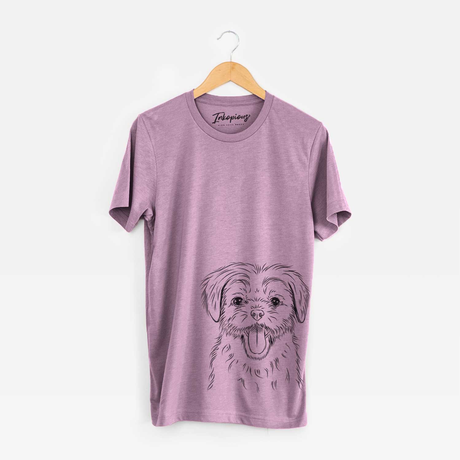 Hand-drawn sketch of Gizmo the Maltese on an Orchid Unisex crewneck
