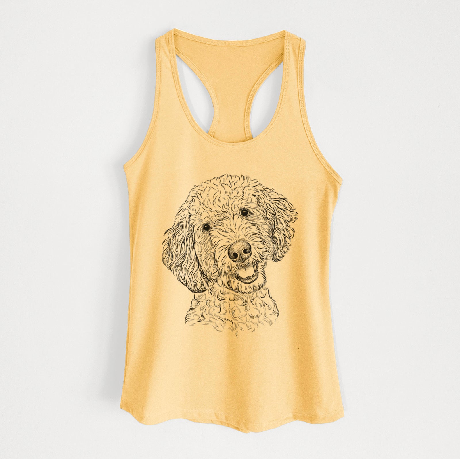 Hand-drawn sketch of Gizmo the Goldendoodle on a Banana Cream Women's racerback tanktop