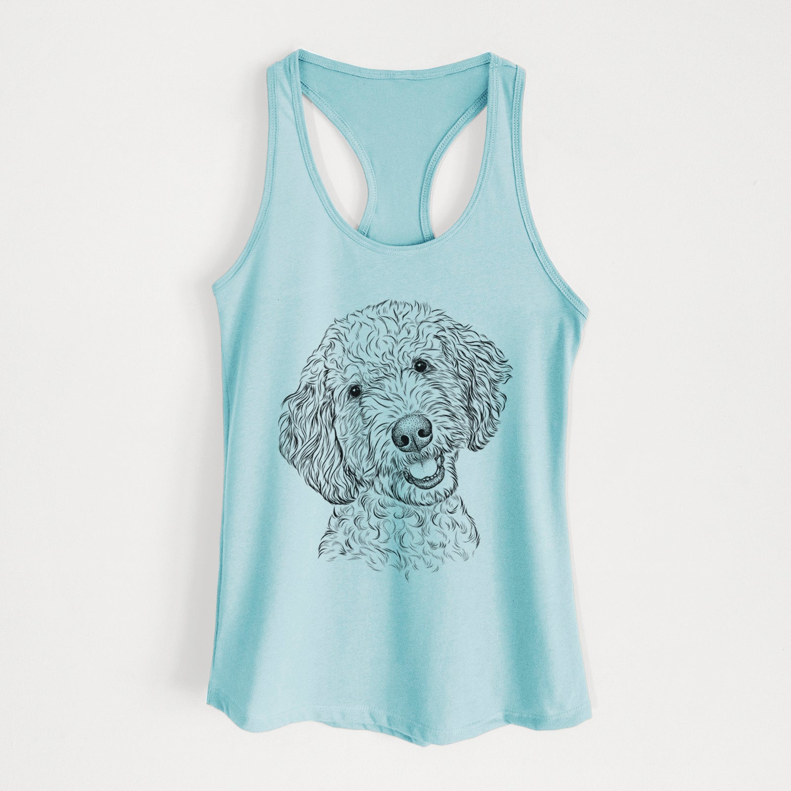 Hand-drawn sketch of Gizmo the Goldendoodle on a Cancun Blue Women's racerback tanktop
