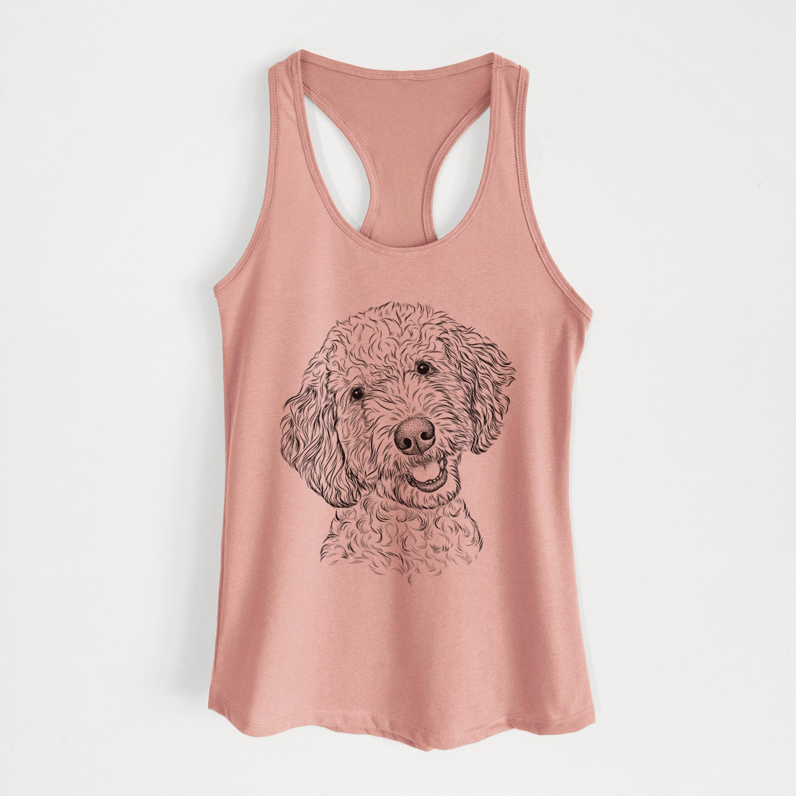 Hand-drawn sketch of Gizmo the Goldendoodle on a Desert Pink Women's racerback tanktop