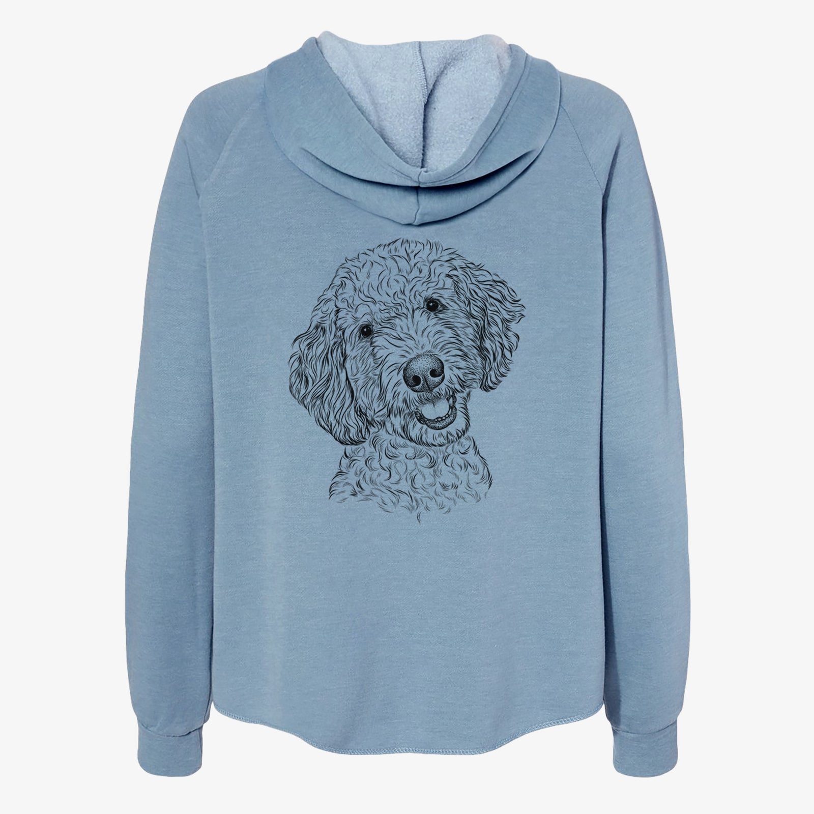 Hand-drawn sketch of Gizmo the Goldendoodle on a Misty Blue Women's cali wave zip-up sweatshirt
