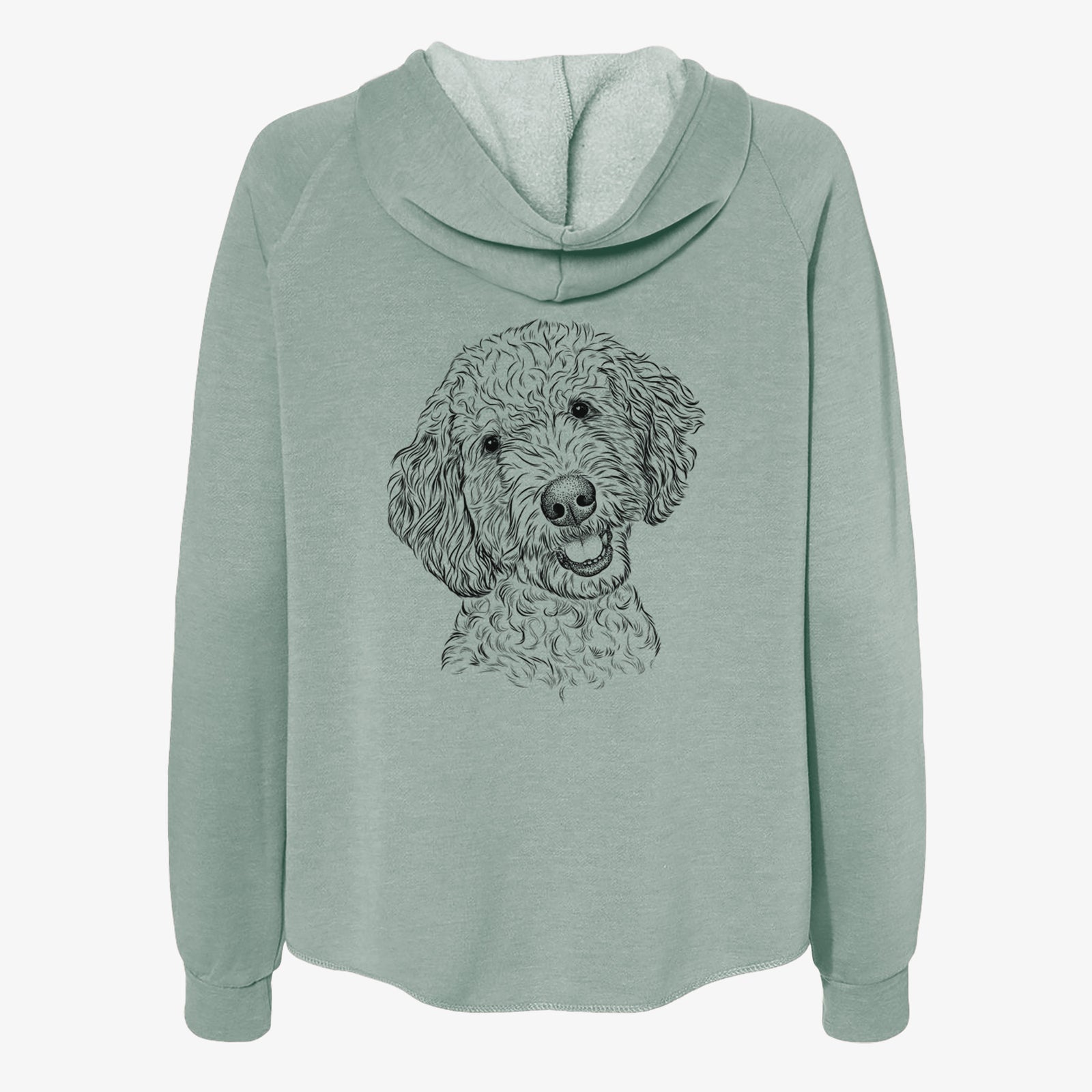 Hand-drawn sketch of Gizmo the Goldendoodle on a Sage Women's cali wave zip-up sweatshirt
