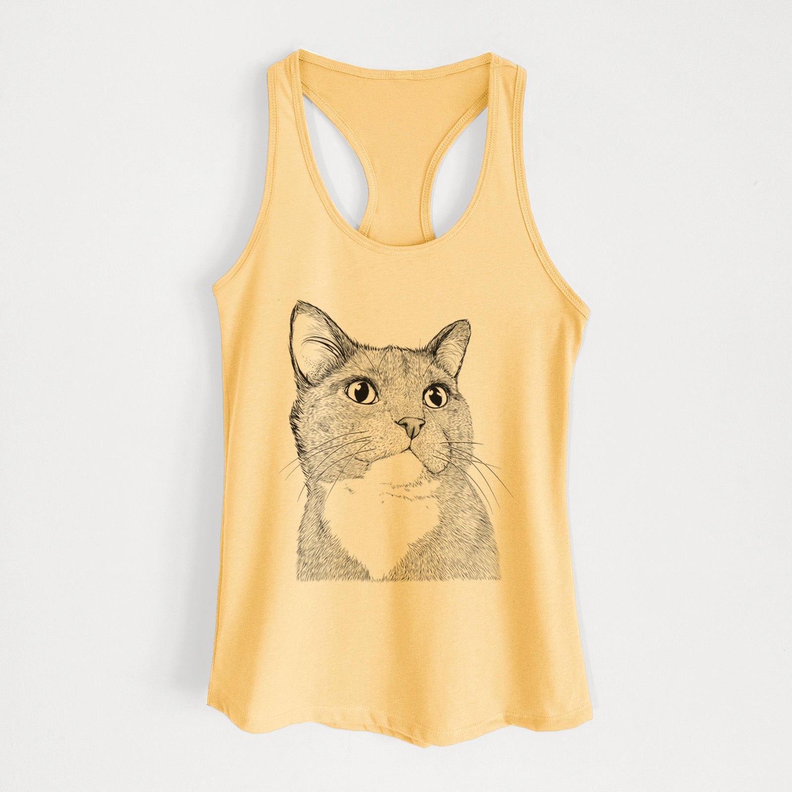 Hand-drawn sketch of Gizmo the Grey Cat on a Banana Cream Women's racerback tanktop