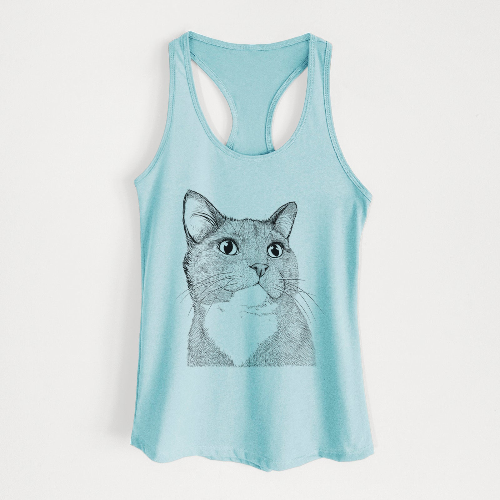 Hand-drawn sketch of Gizmo the Grey Cat on a Cancun Blue Women's racerback tanktop