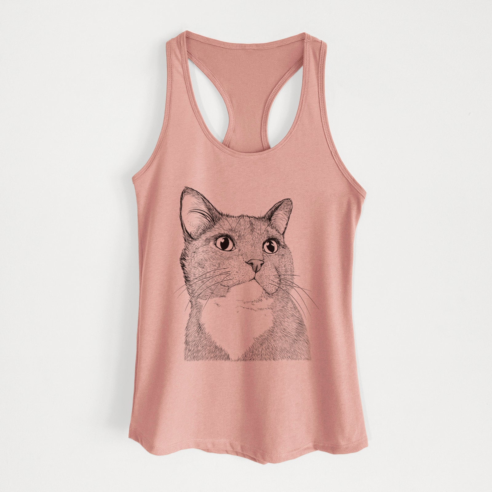 Hand-drawn sketch of Gizmo the Grey Cat on a Desert Pink Women's racerback tanktop