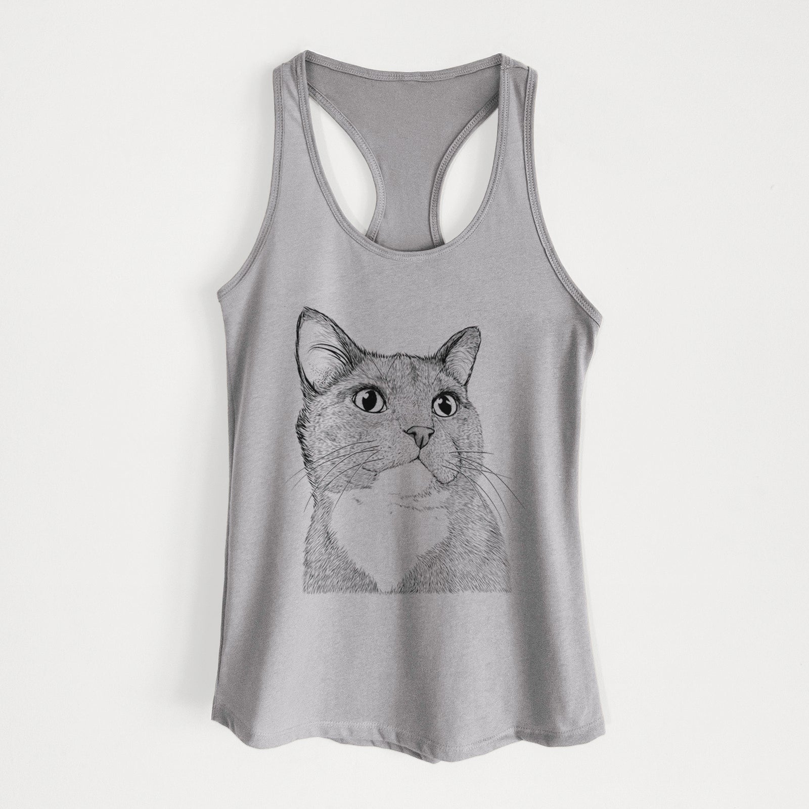 Hand-drawn sketch of Gizmo the Grey Cat on a Heather Grey Women's racerback tanktop