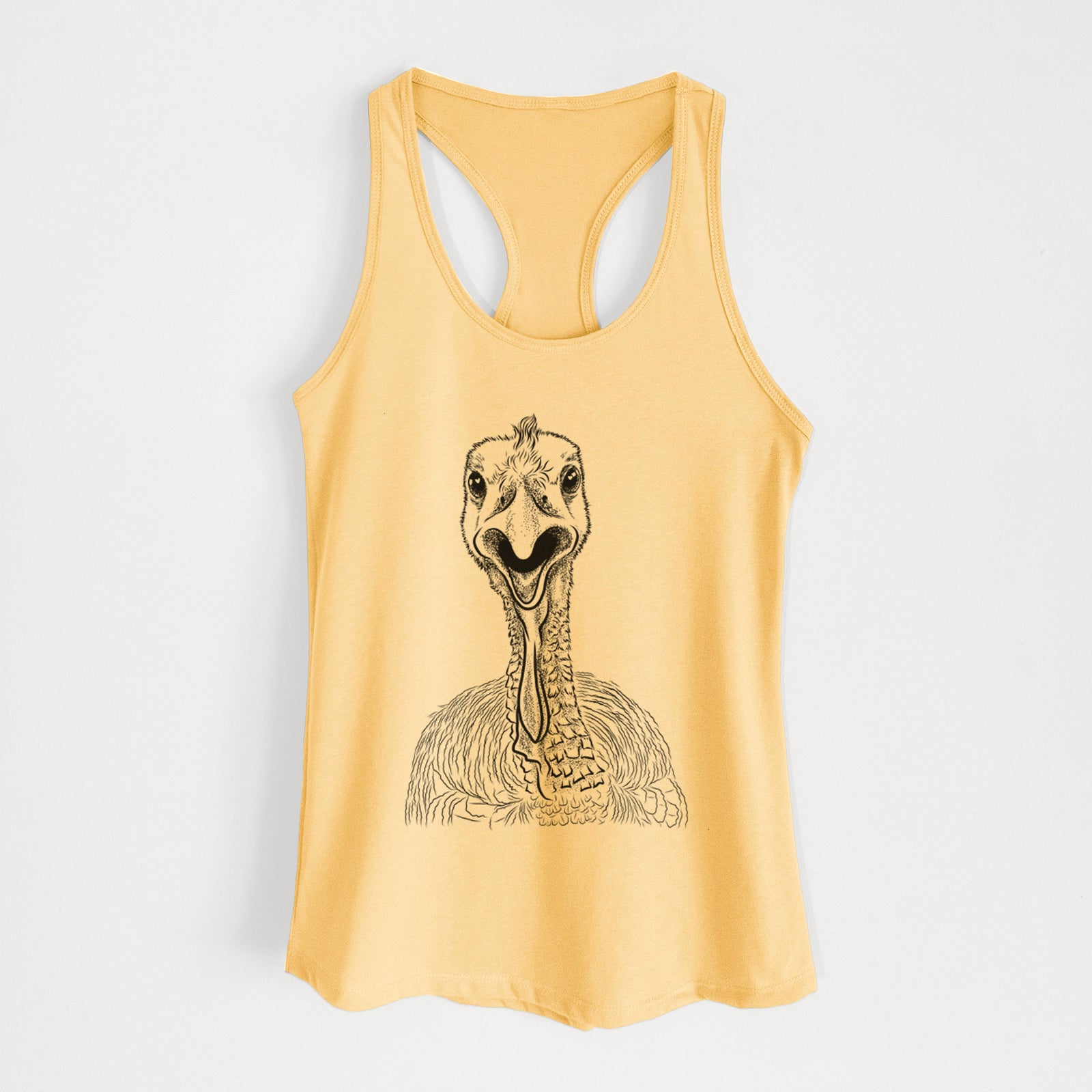 Hand-drawn sketch of Gobble the Turkey on a Banana Cream Women's racerback tanktop