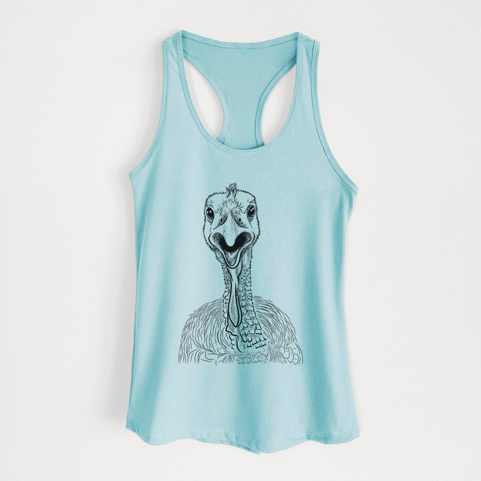 Hand-drawn sketch of Gobble the Turkey on a Cancun Blue Women's racerback tanktop