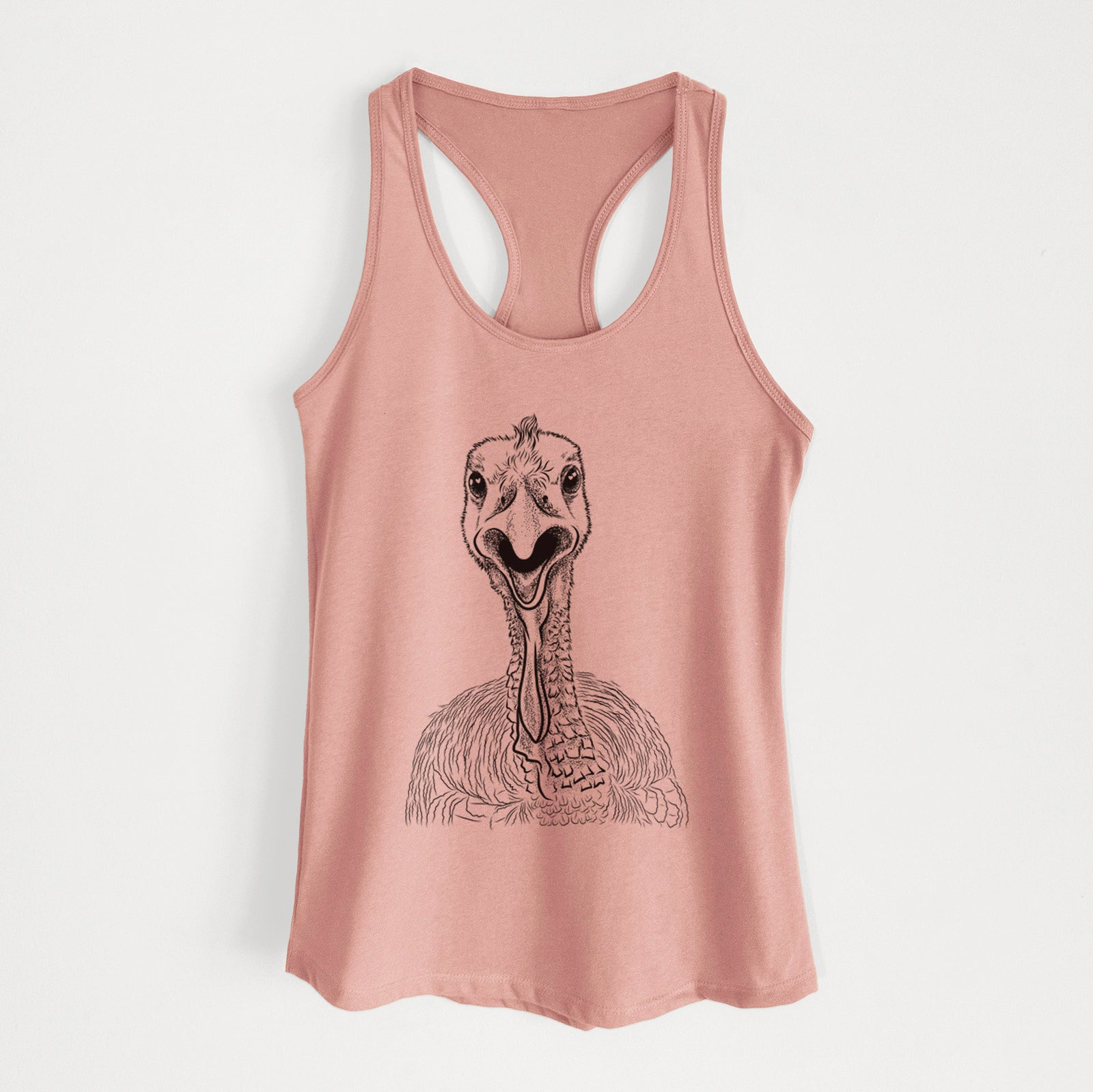Hand-drawn sketch of Gobble the Turkey on a Desert Pink Women's racerback tanktop