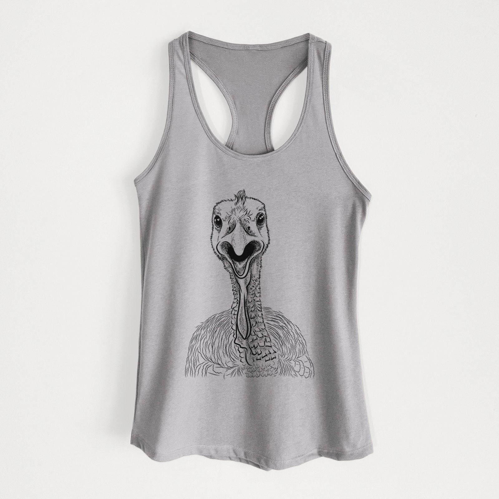 Hand-drawn sketch of Gobble the Turkey on a Heather Grey Women's racerback tanktop