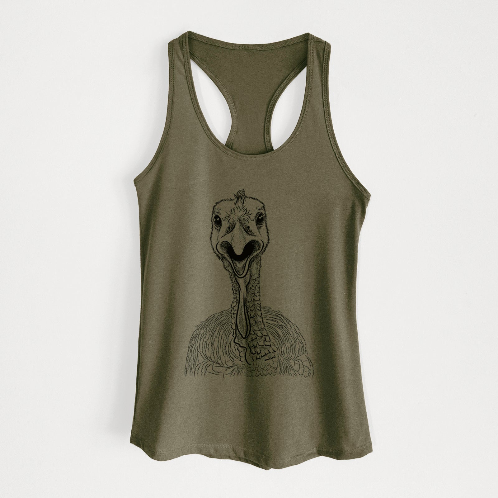 Hand-drawn sketch of Gobble the Turkey on a Military Green Women's racerback tanktop