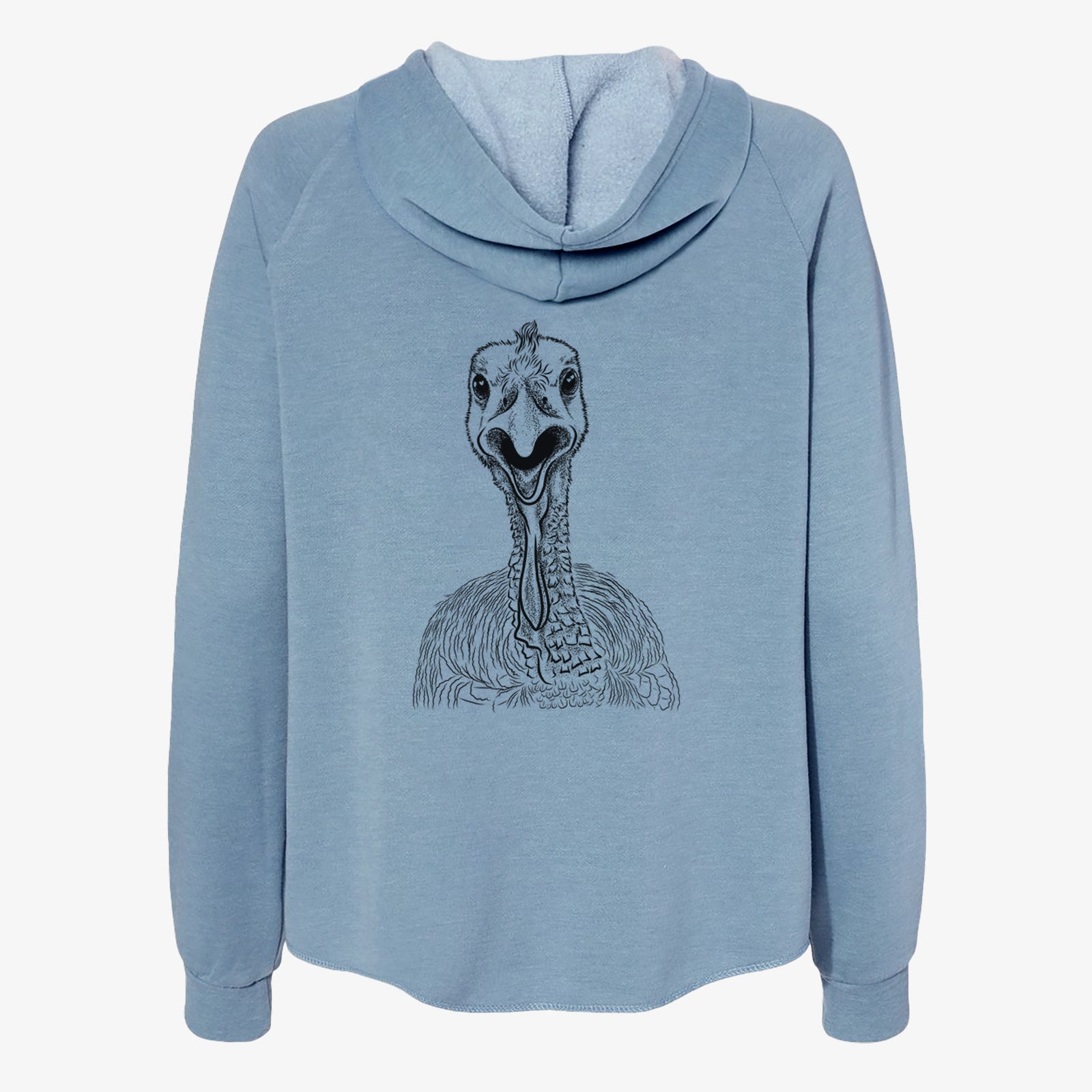 Hand-drawn sketch of Gobble the Turkey on a Misty Blue Women's cali wave zip-up sweatshirt