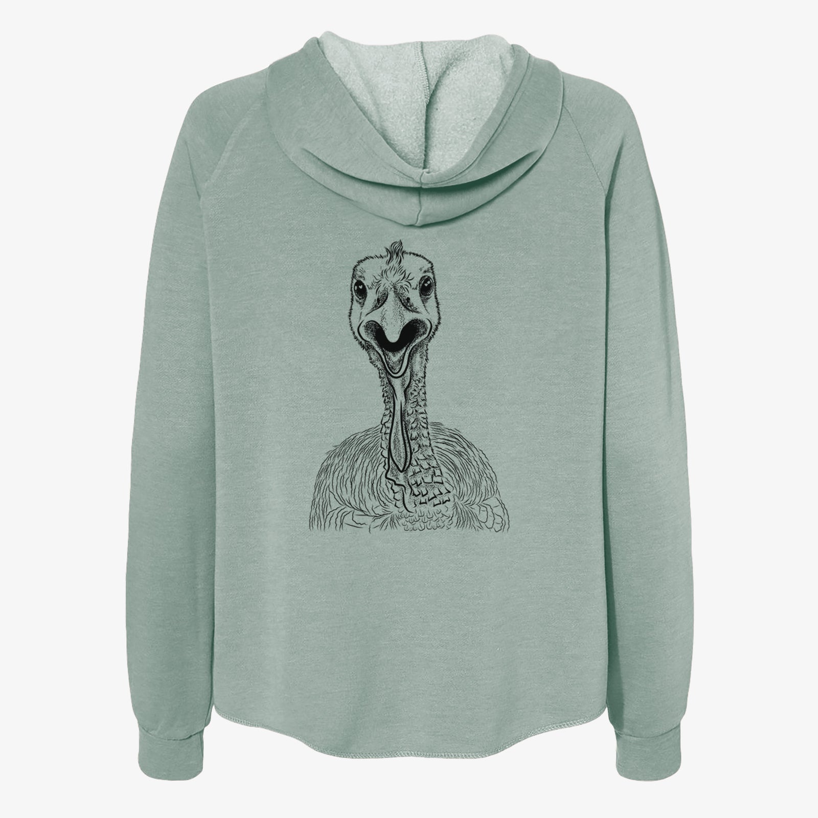 Hand-drawn sketch of Gobble the Turkey on a Sage Women's cali wave zip-up sweatshirt