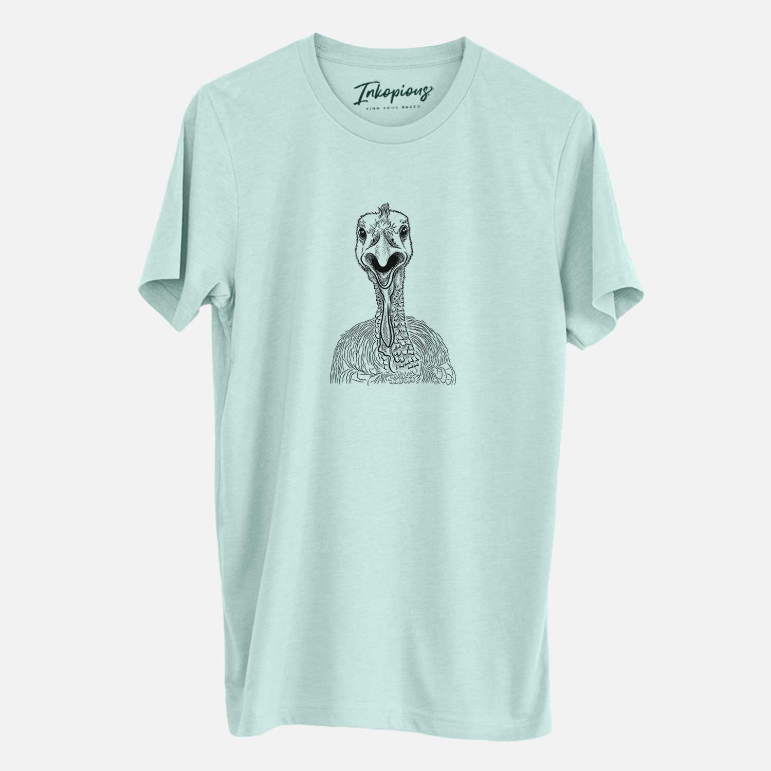 Hand-drawn sketch of Gobble the Turkey on a Heather Sage Unisex crewneck
