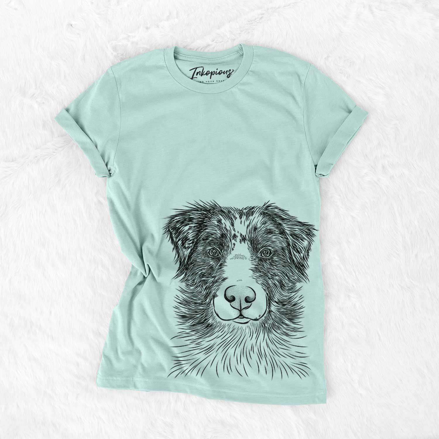 Hand-drawn sketch of Gram the Australian Shepherd on a Heather Sage Bella Canvas Unisex Crewneck