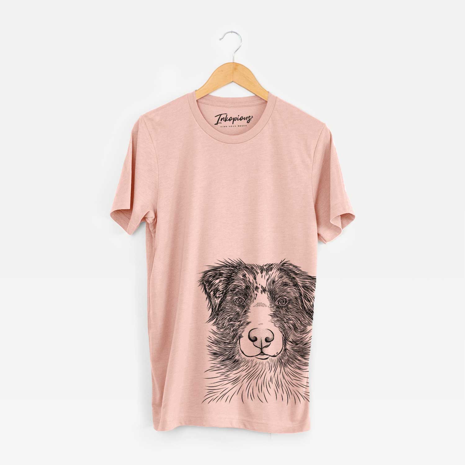 Hand-drawn sketch of Gram the Australian Shepherd on a Peach Bella Canvas Unisex Crewneck